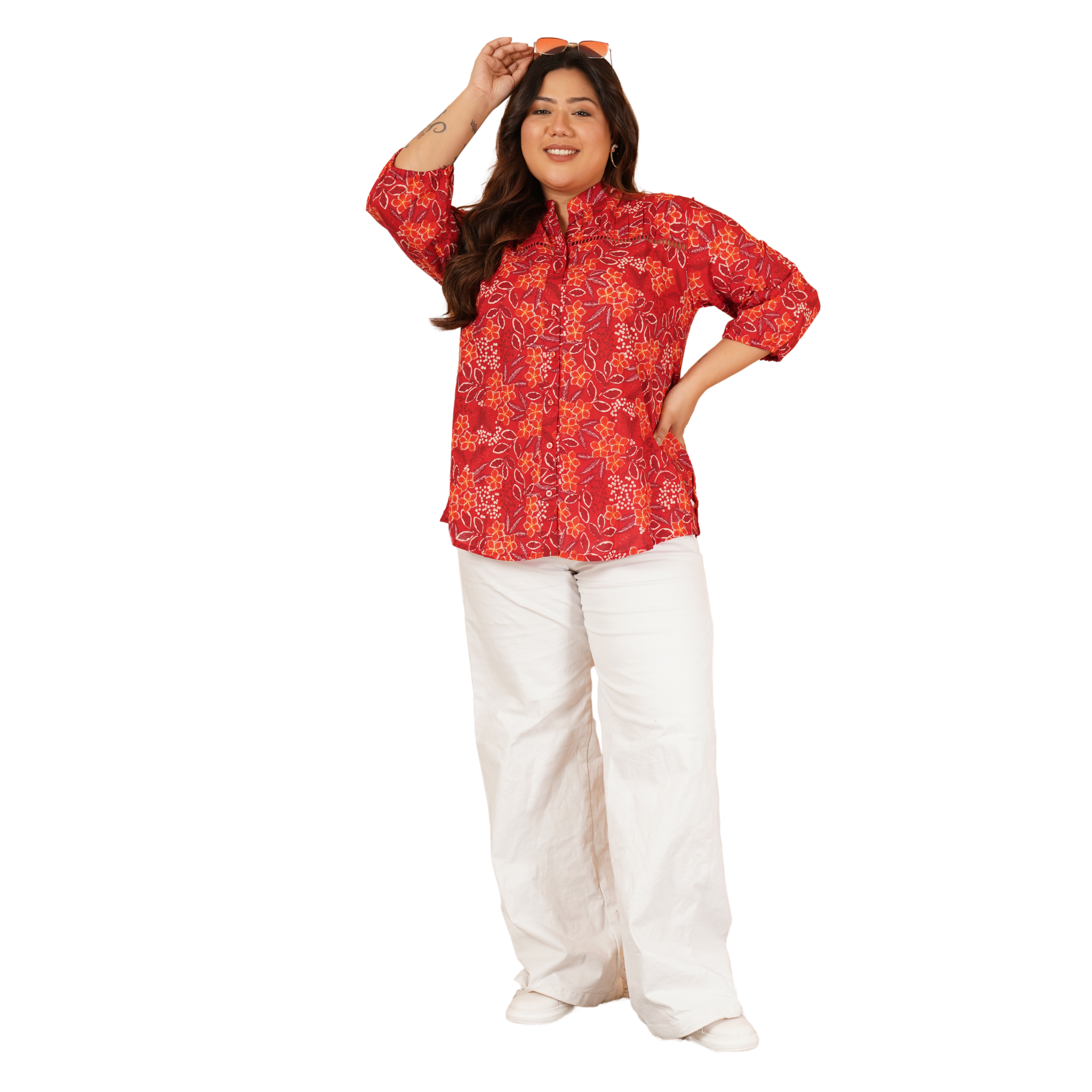 Red Floral Print Plus Size Lace Shirt