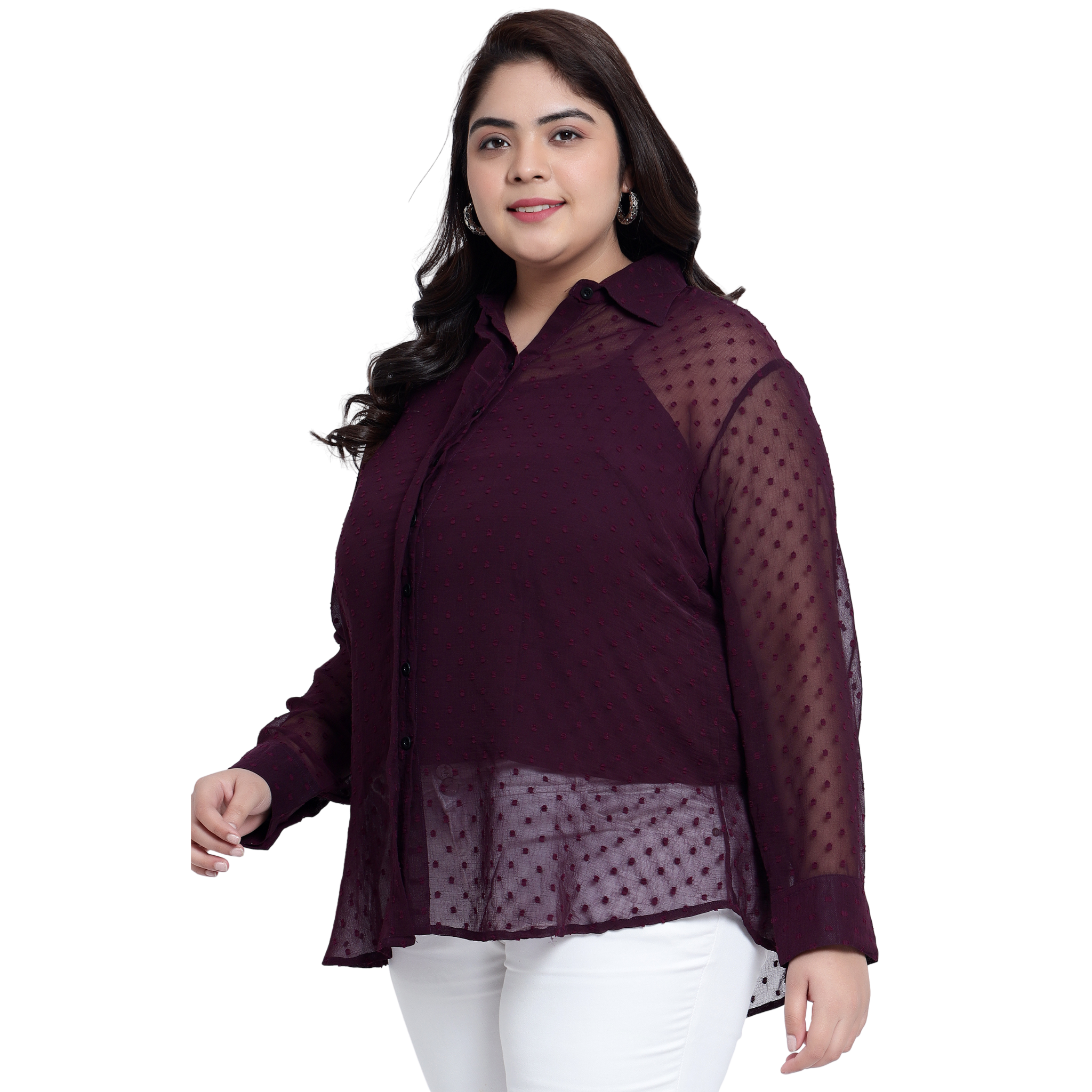 Purple Dobby Sheer Plus Size Shirt with Slip