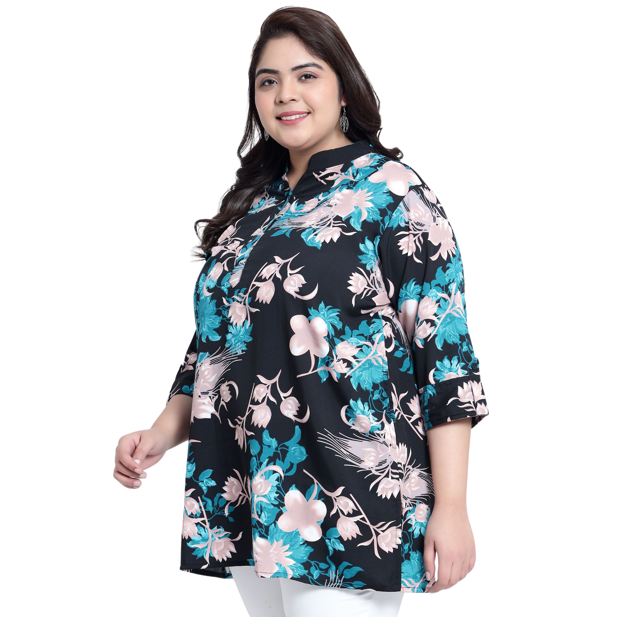 Green and Pink Floral Print Plus Size Tunic