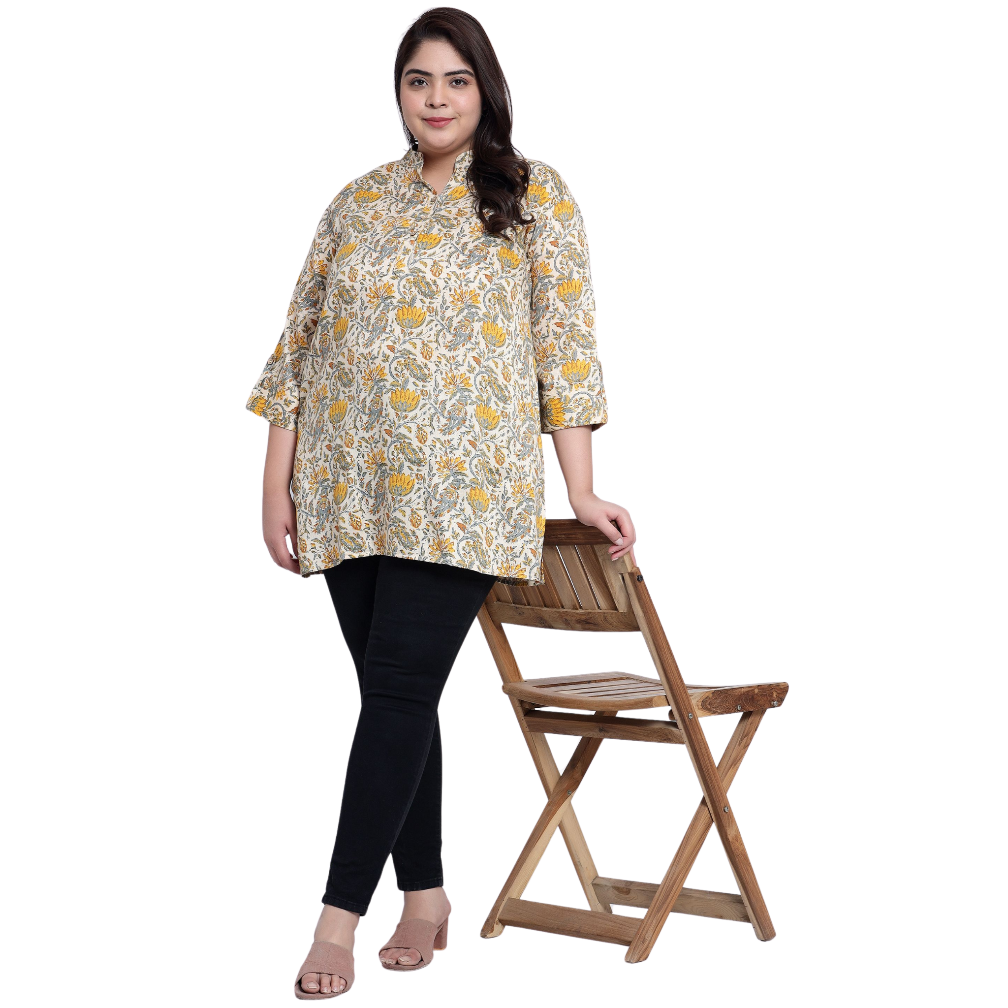 Yellow and Beige Floral Print Plus Size Tunic