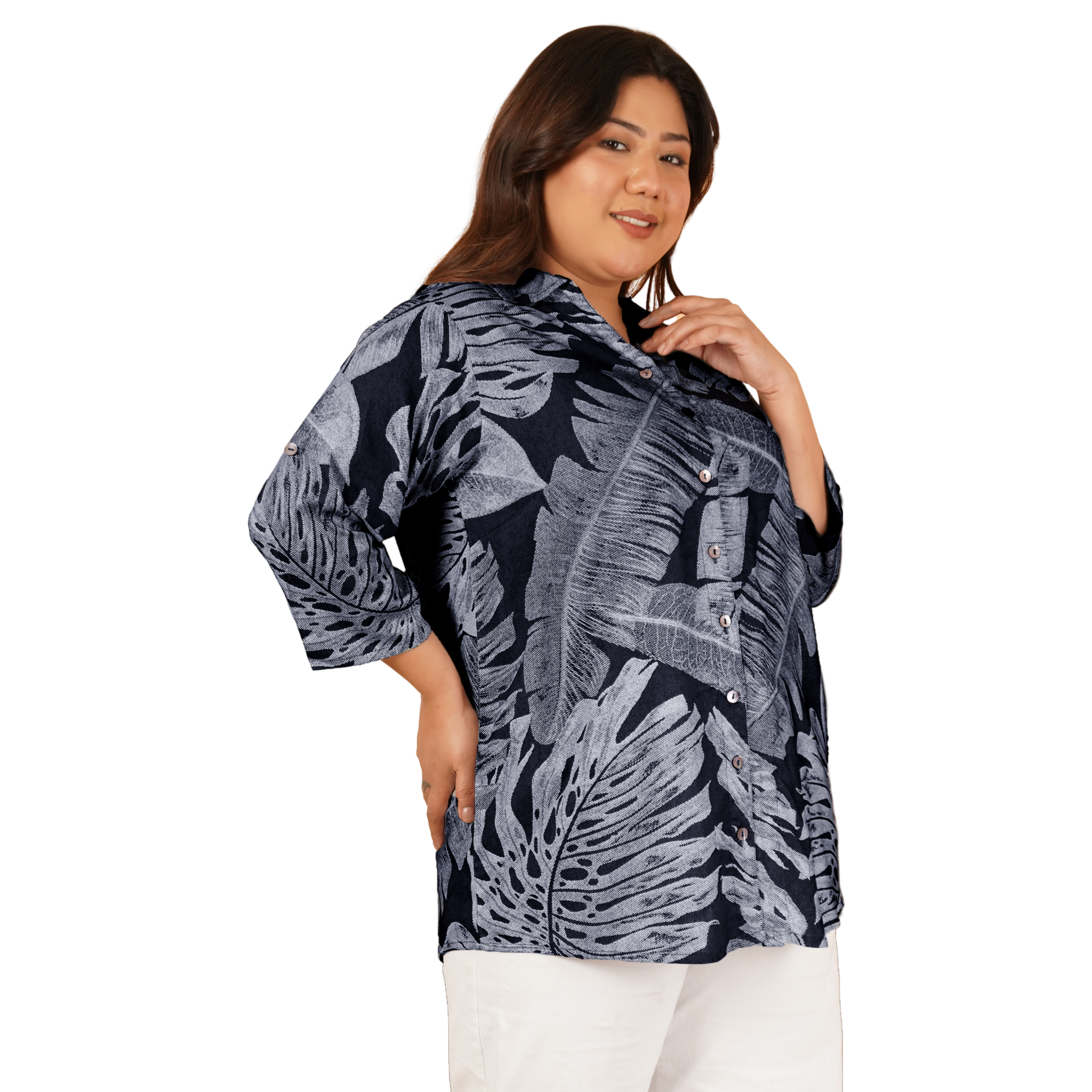 Dark Blue Leaf Print Plus Size Shirt