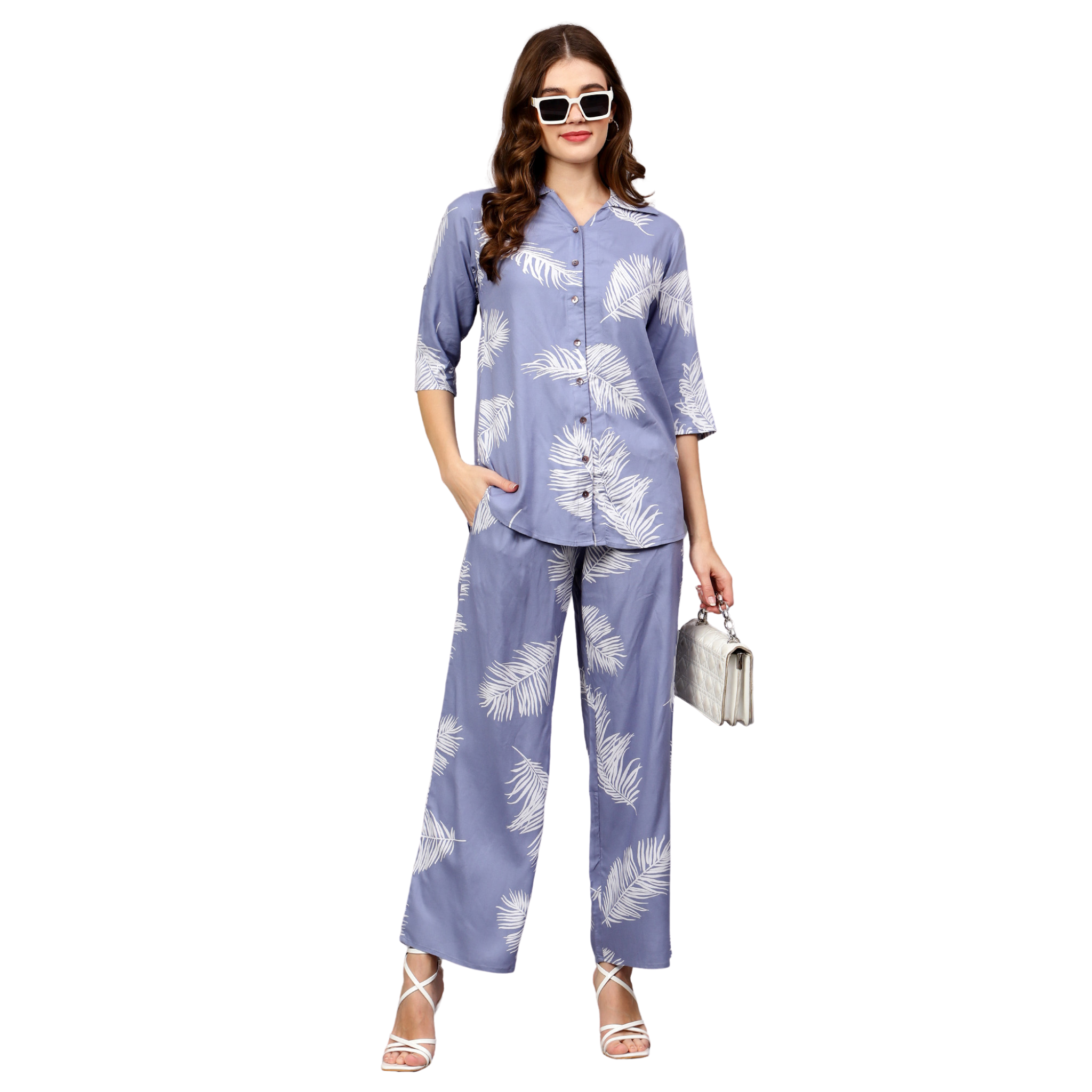 Blue Leaf Print Co-Ord Set