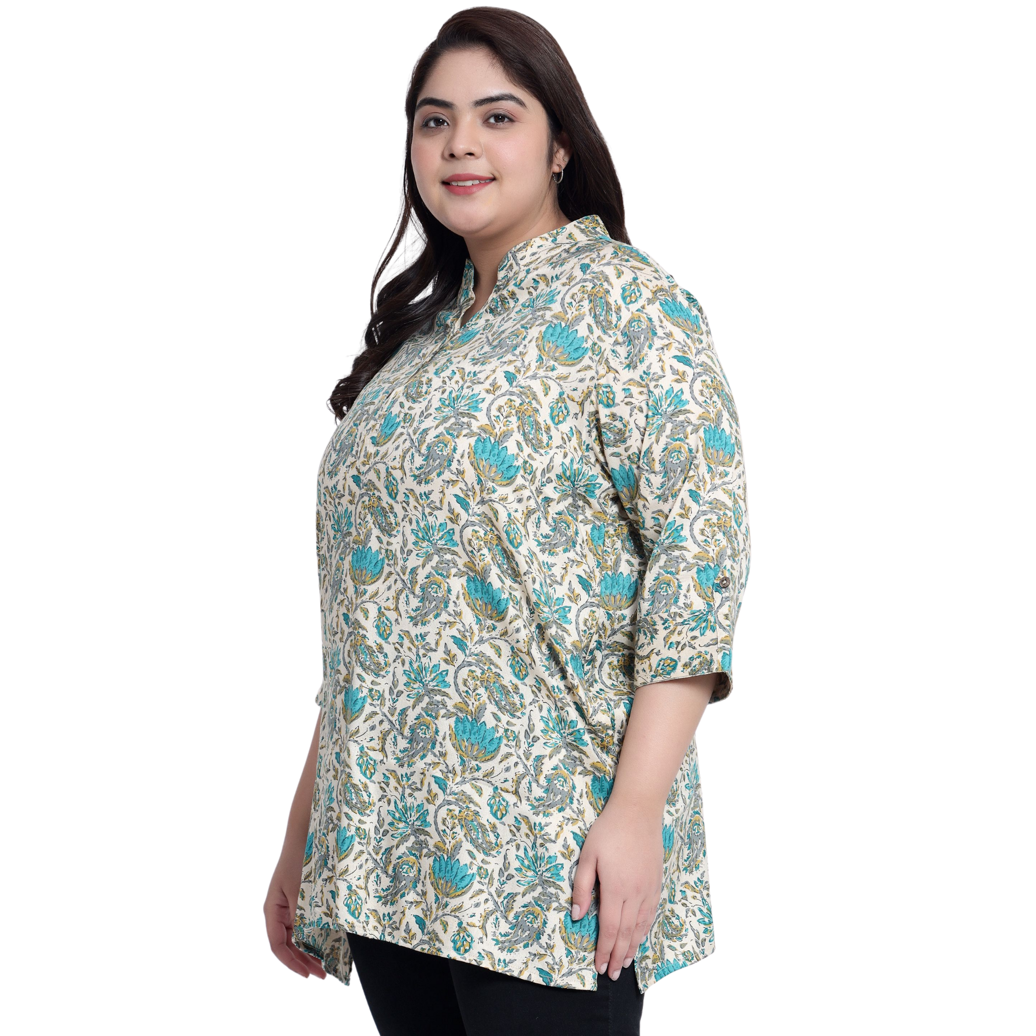 Green and Beige Floral Print Plus Size Tunic