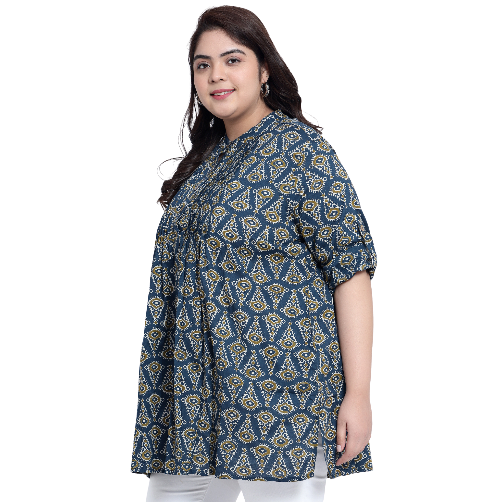 Blue Geometric Print Pleat Plus Size Tunic