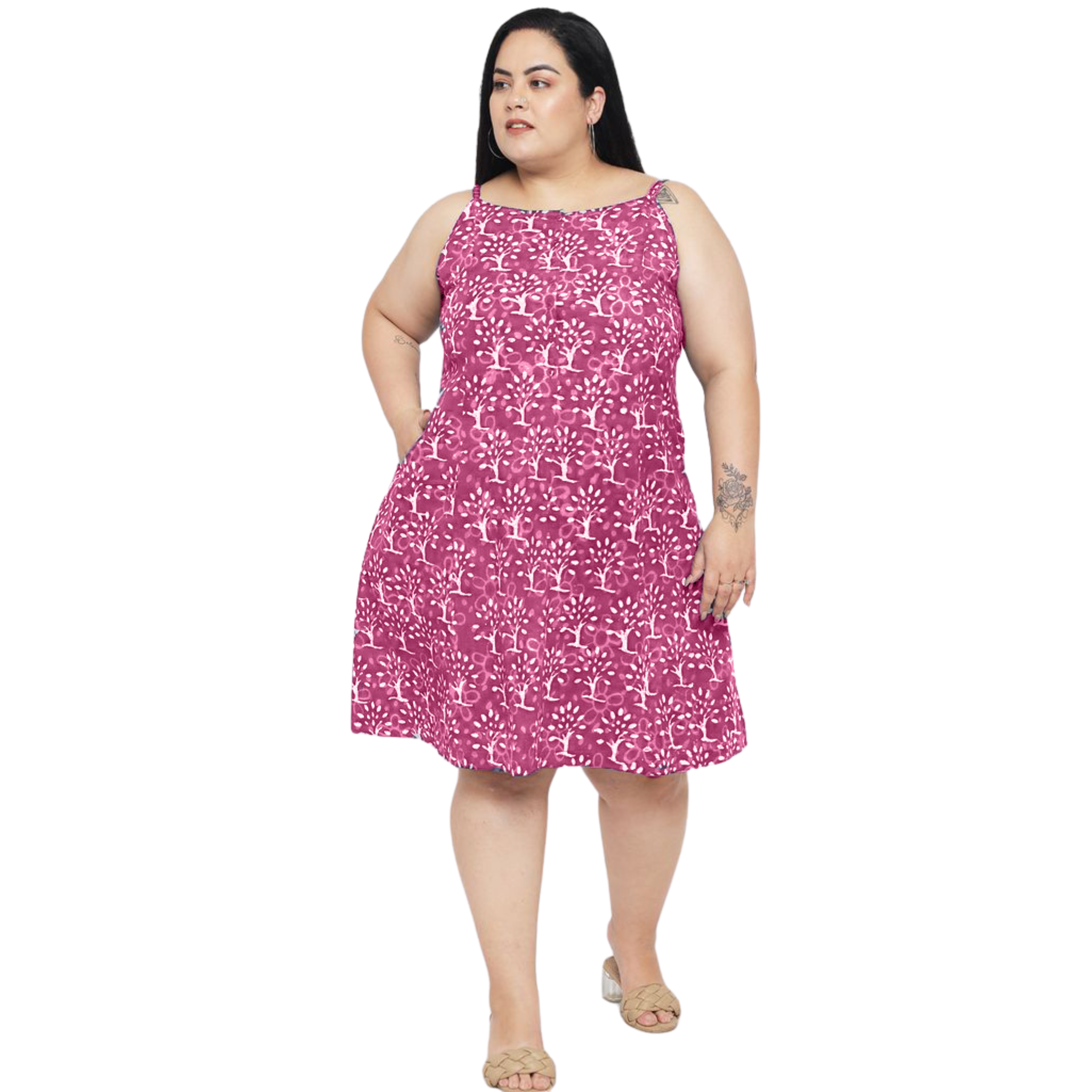 Pink A-Line Hand Block Plus Size Dress