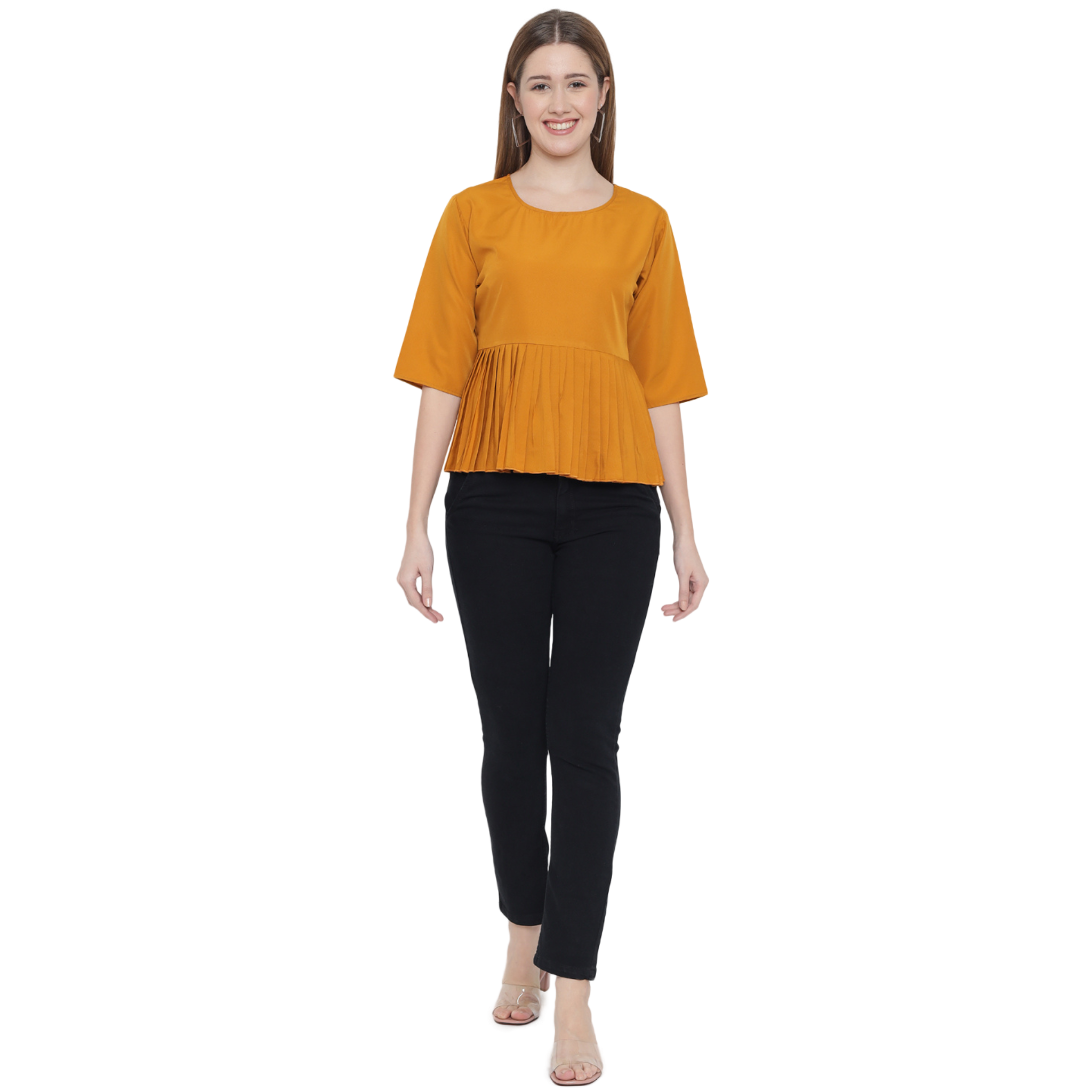 Mustard Solid Waist Pleated Top