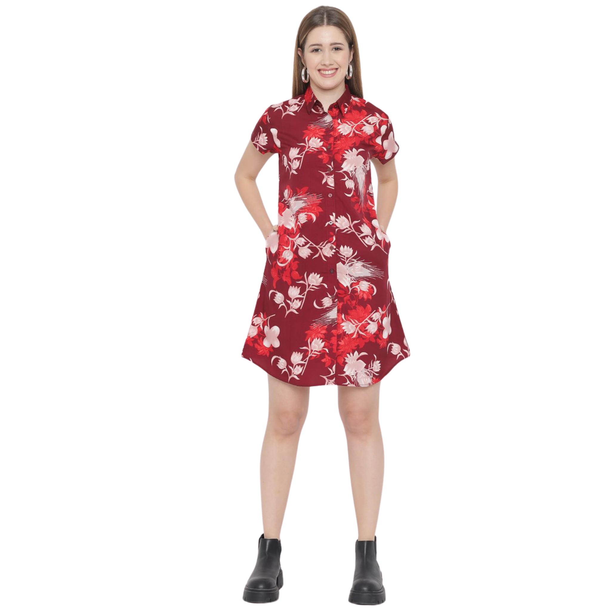 Maroon Floral Shirt Dress
