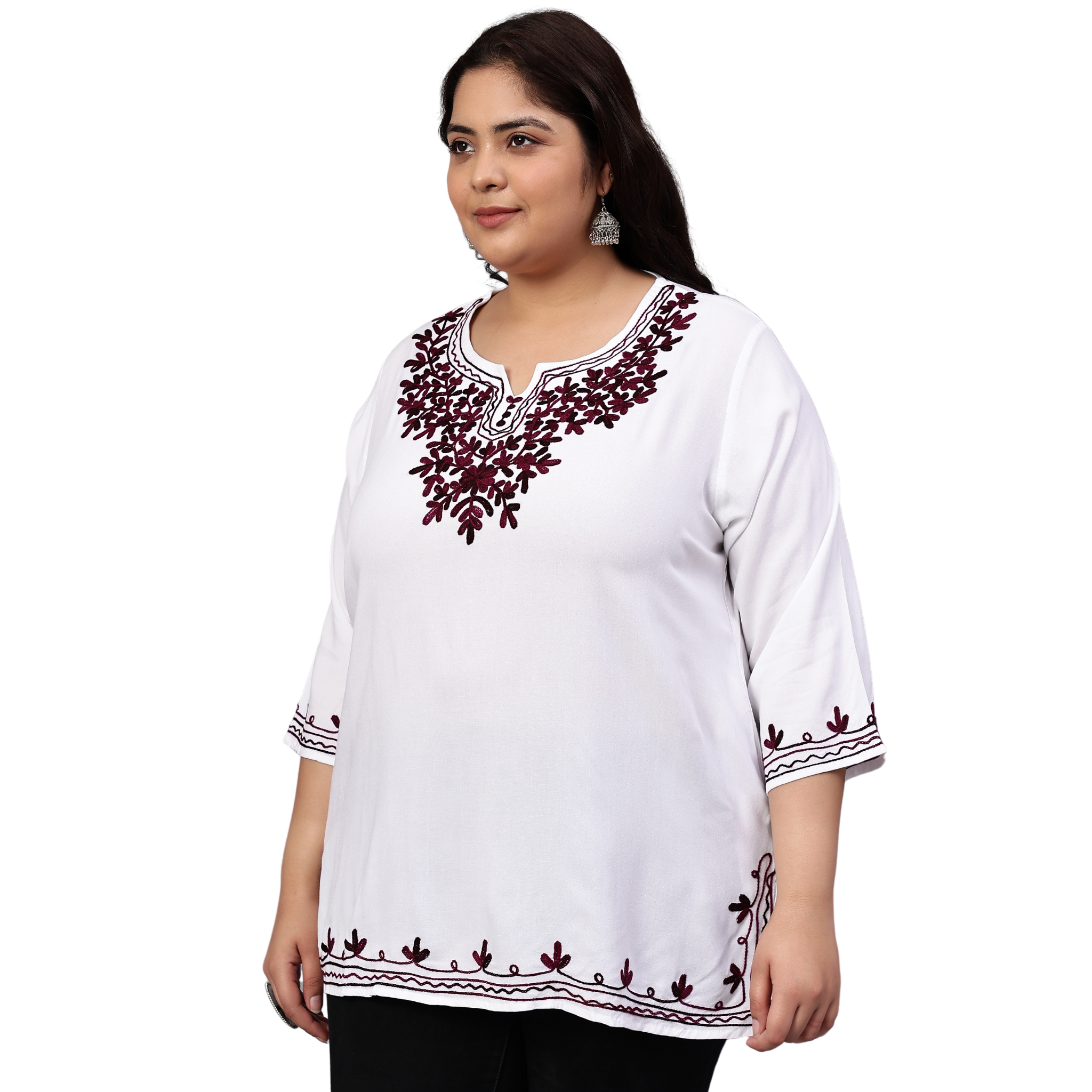White And Purple Embroidered Plus Size Tunic