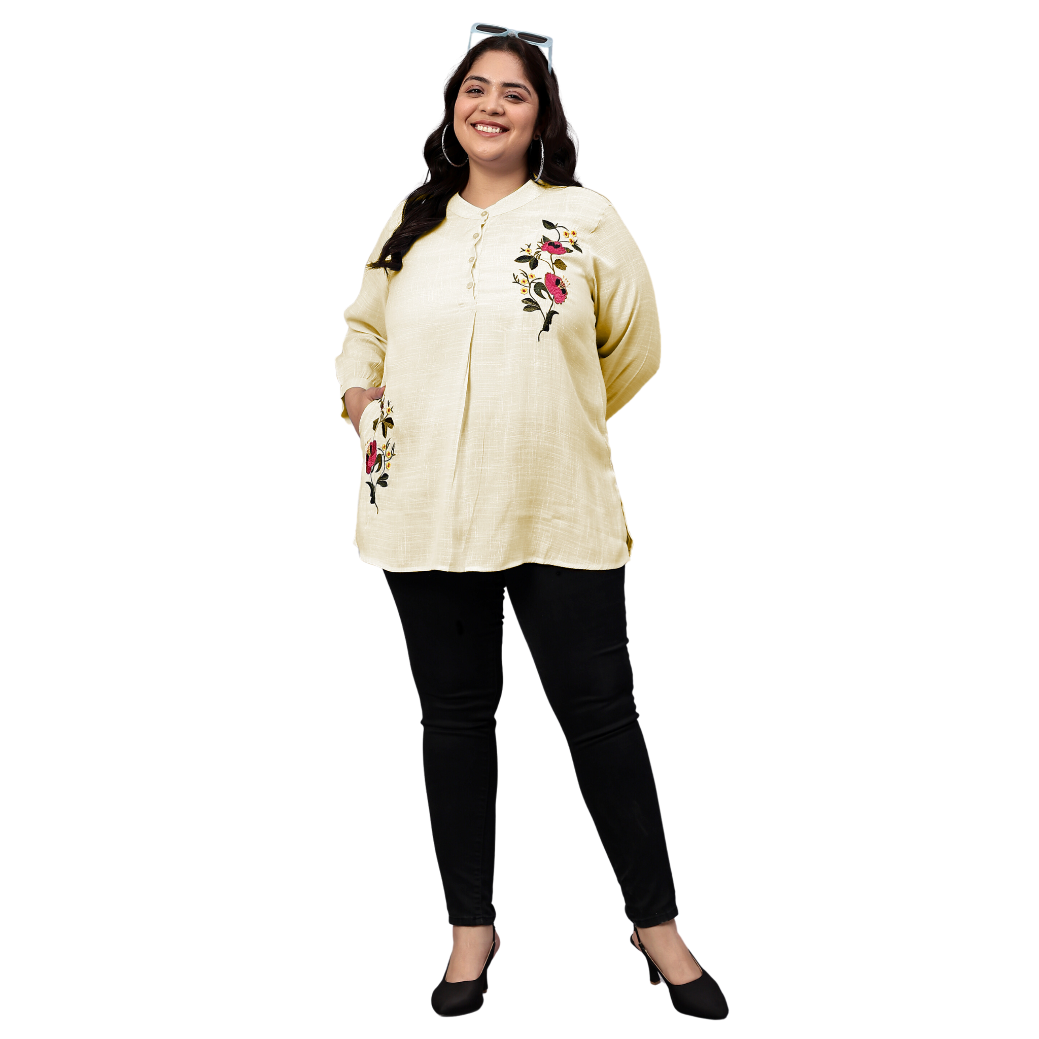 Yellow Floral Embroidered Plus Size Tunic