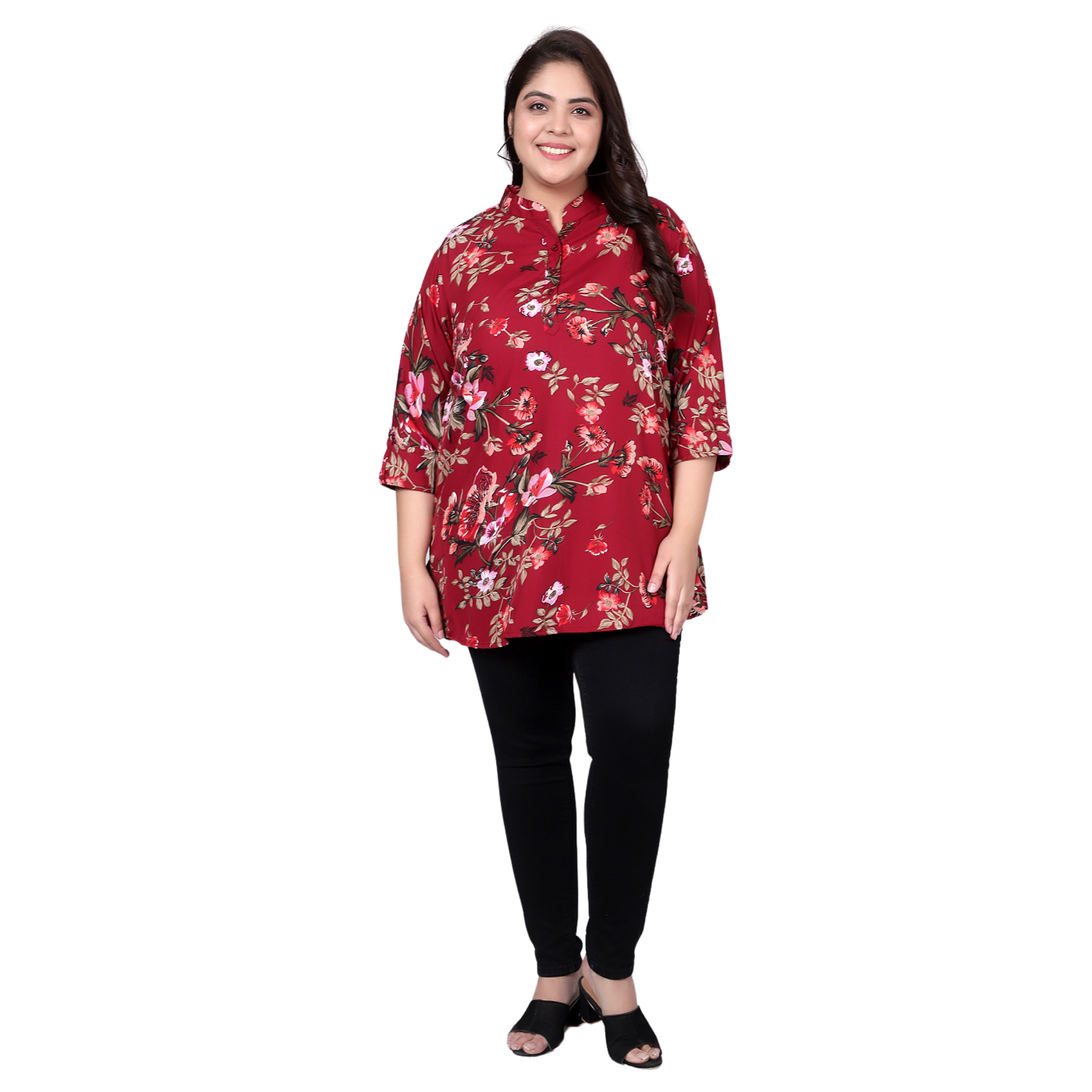 Maroon Floral Print Plus Size Tunic