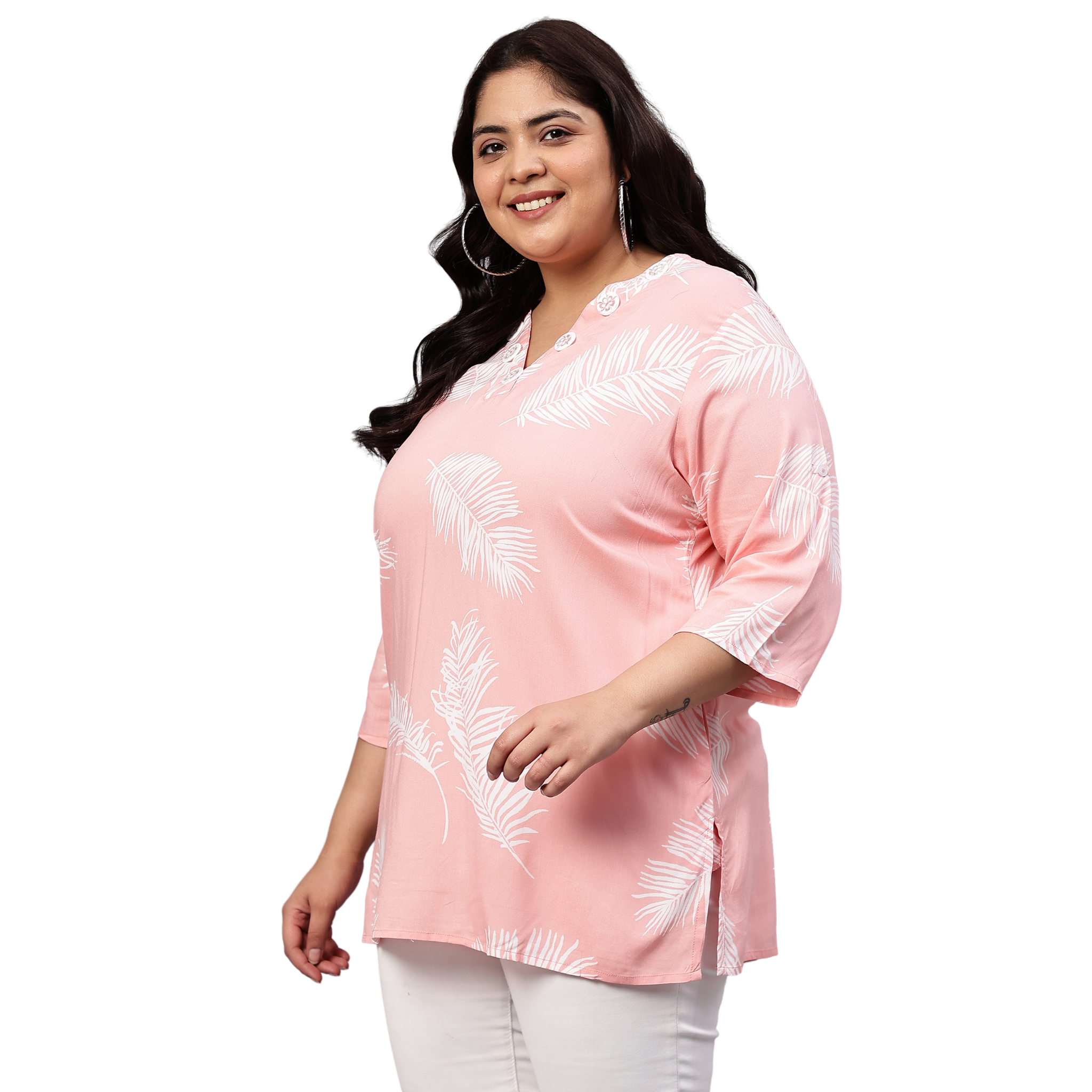 Pink Leaf Buttoned Plus Size Tunic