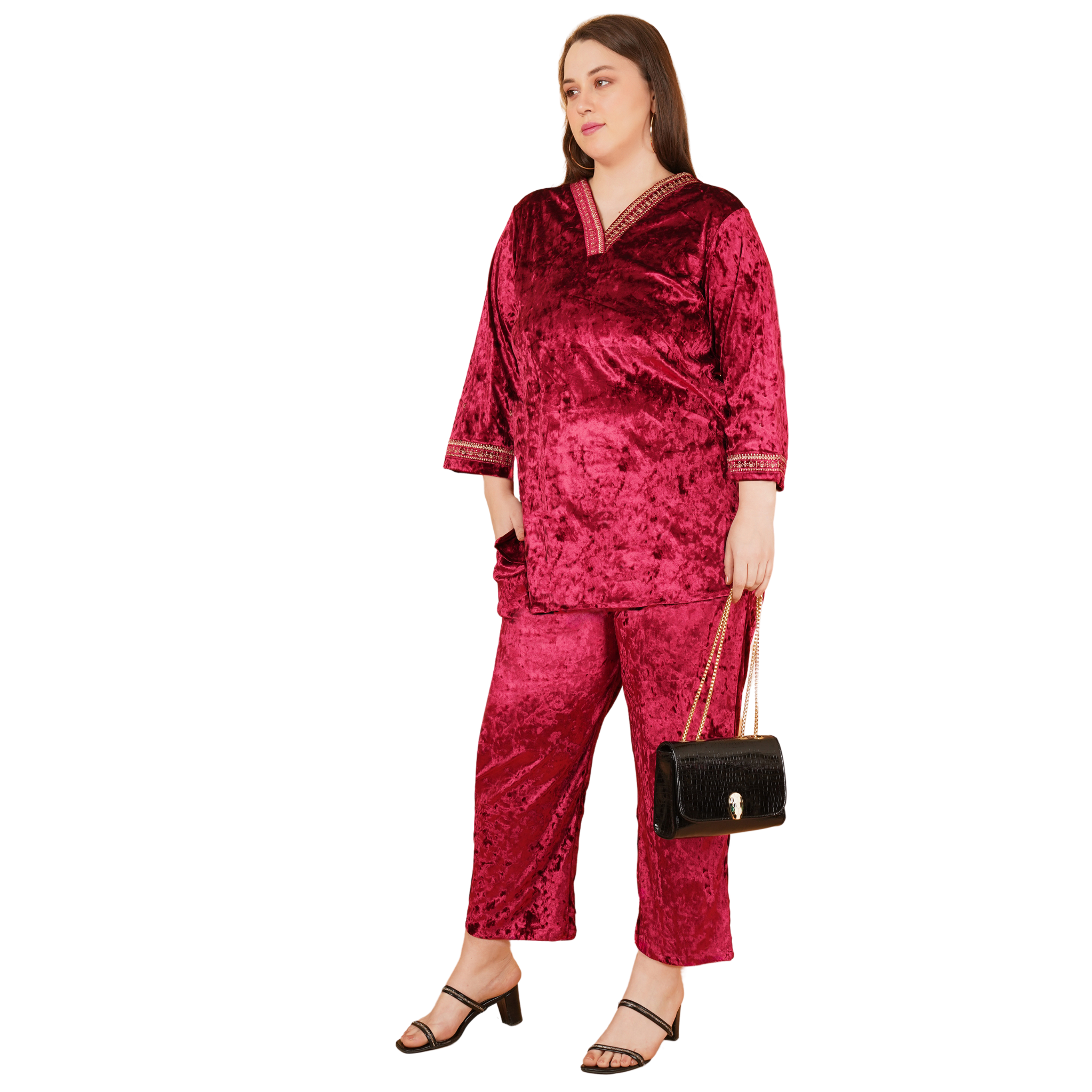 Maroon Velvet Plus Size Co Ord Set