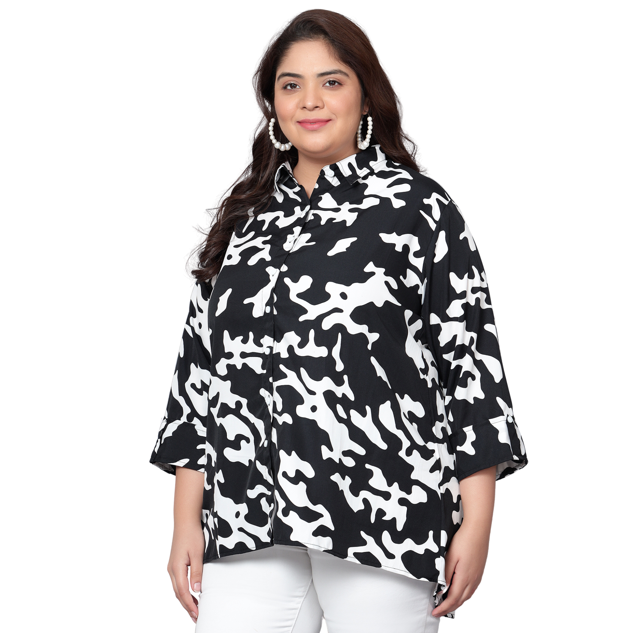 Black and White Abstract Print Plus Size Shirt