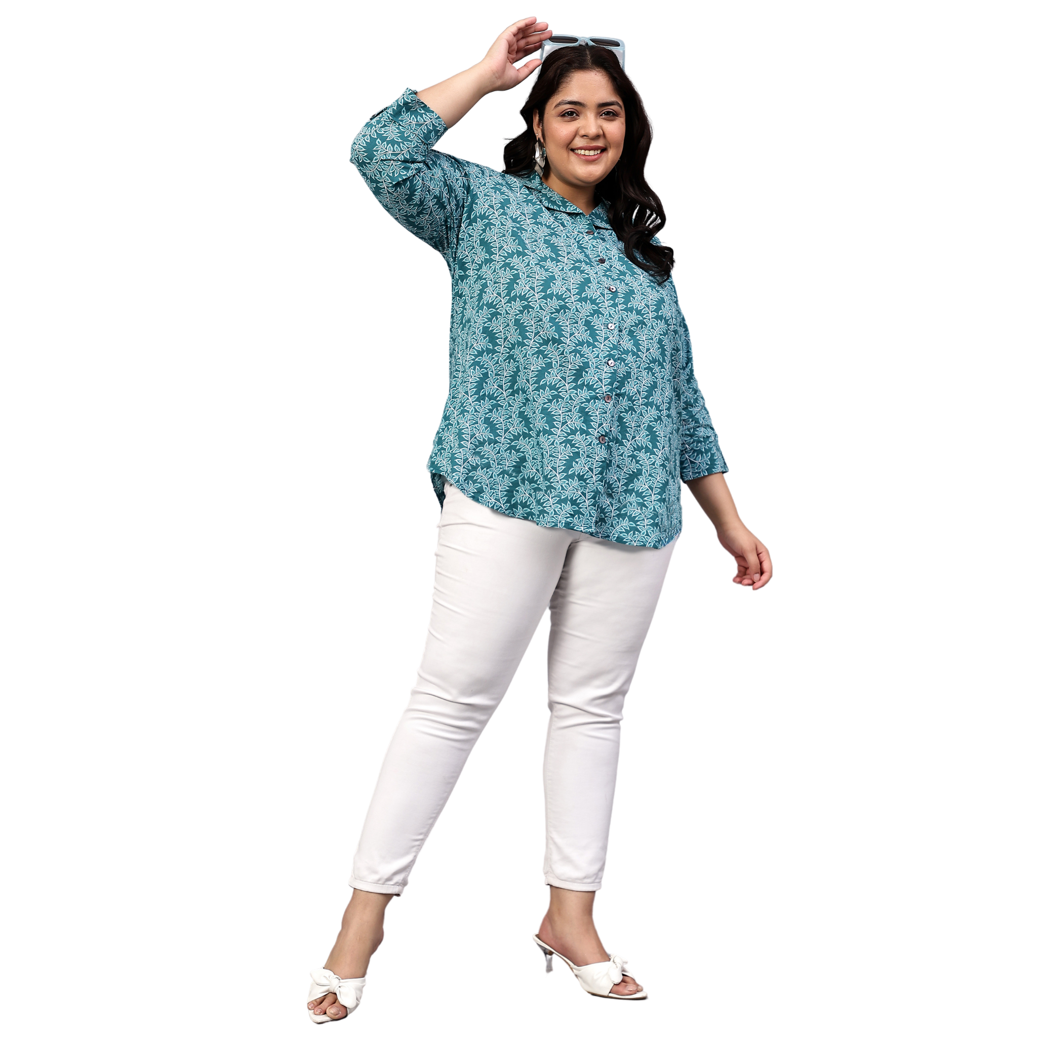 Turquoise Leaf Print Plus Size Shirt