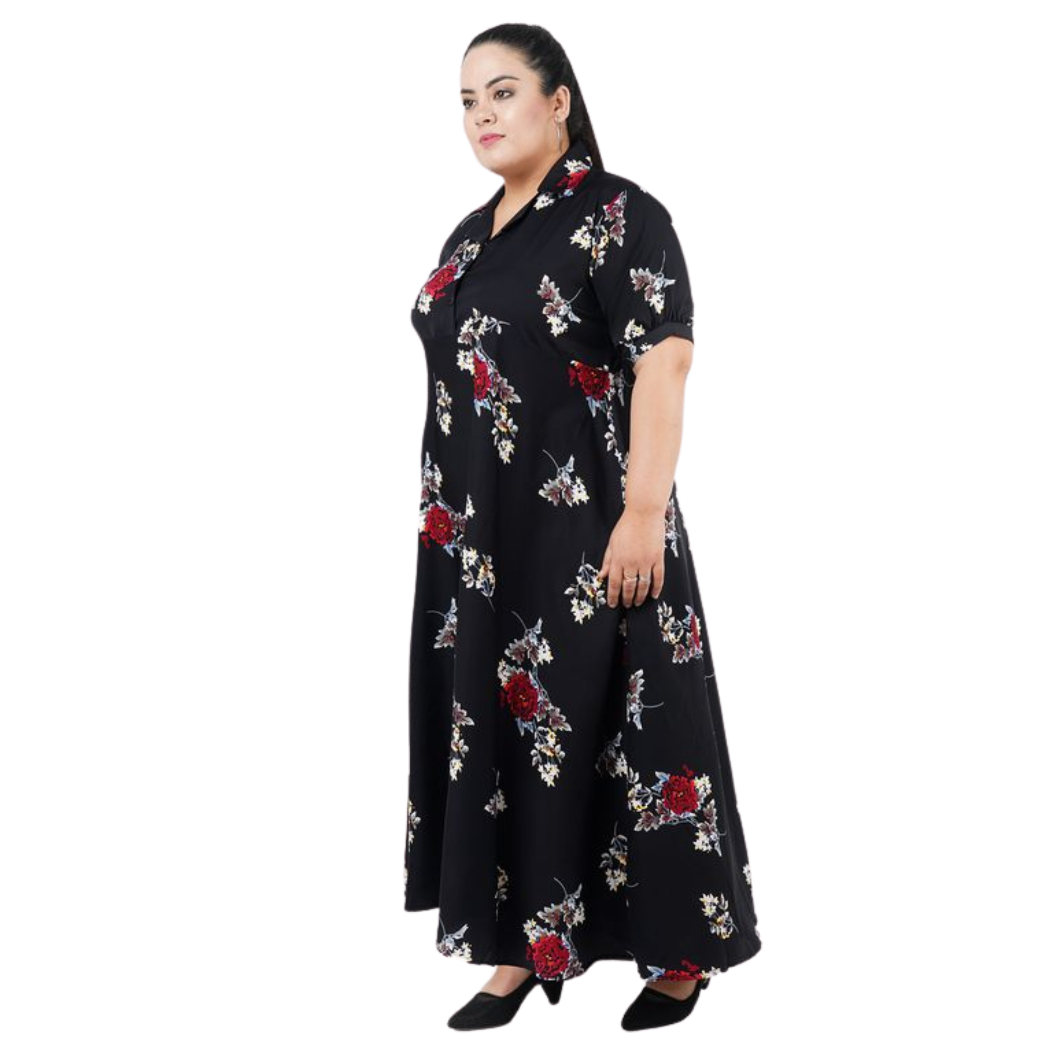 Black and Red Floral Print Plus Size Dress