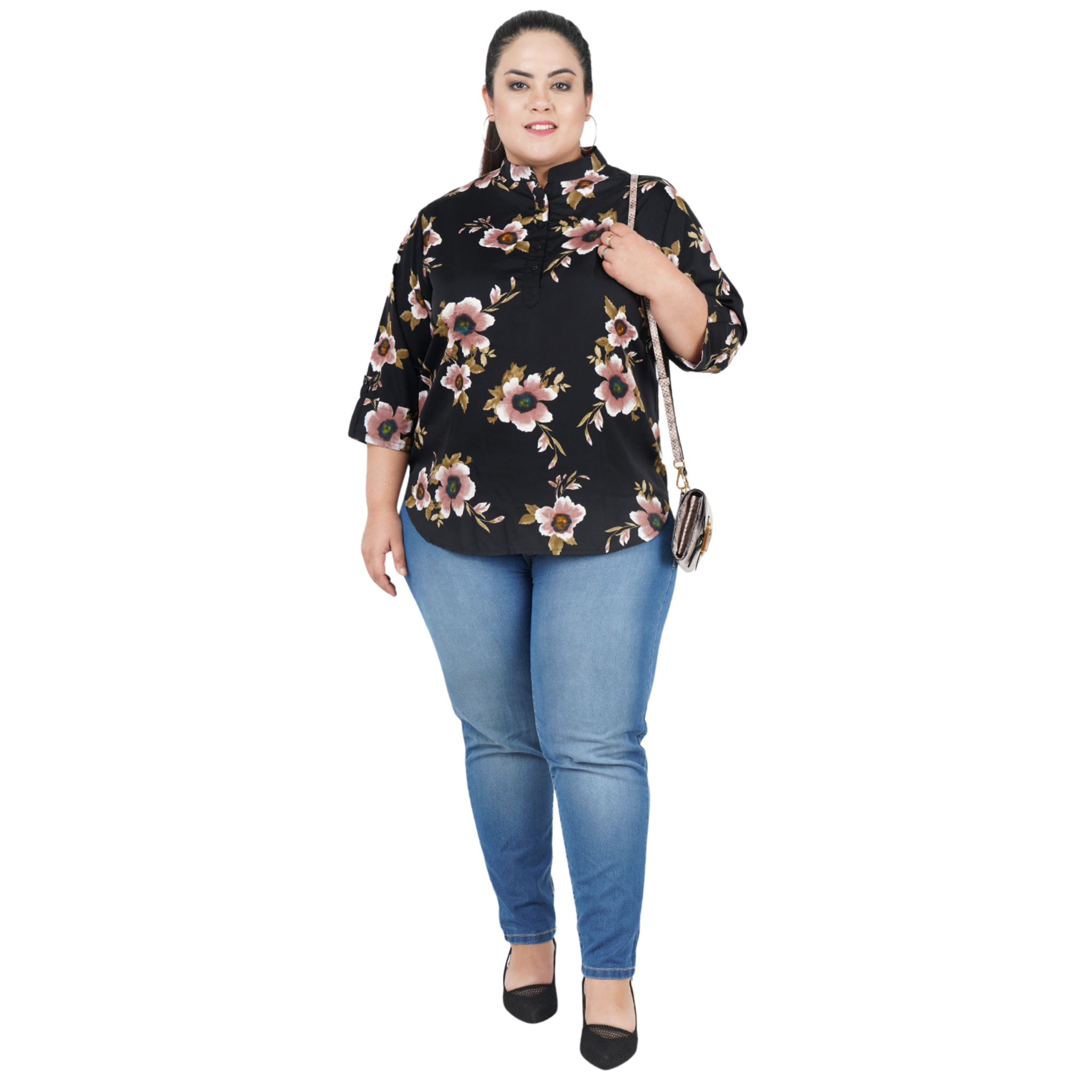 Black Floral Print Plus Size Tunic