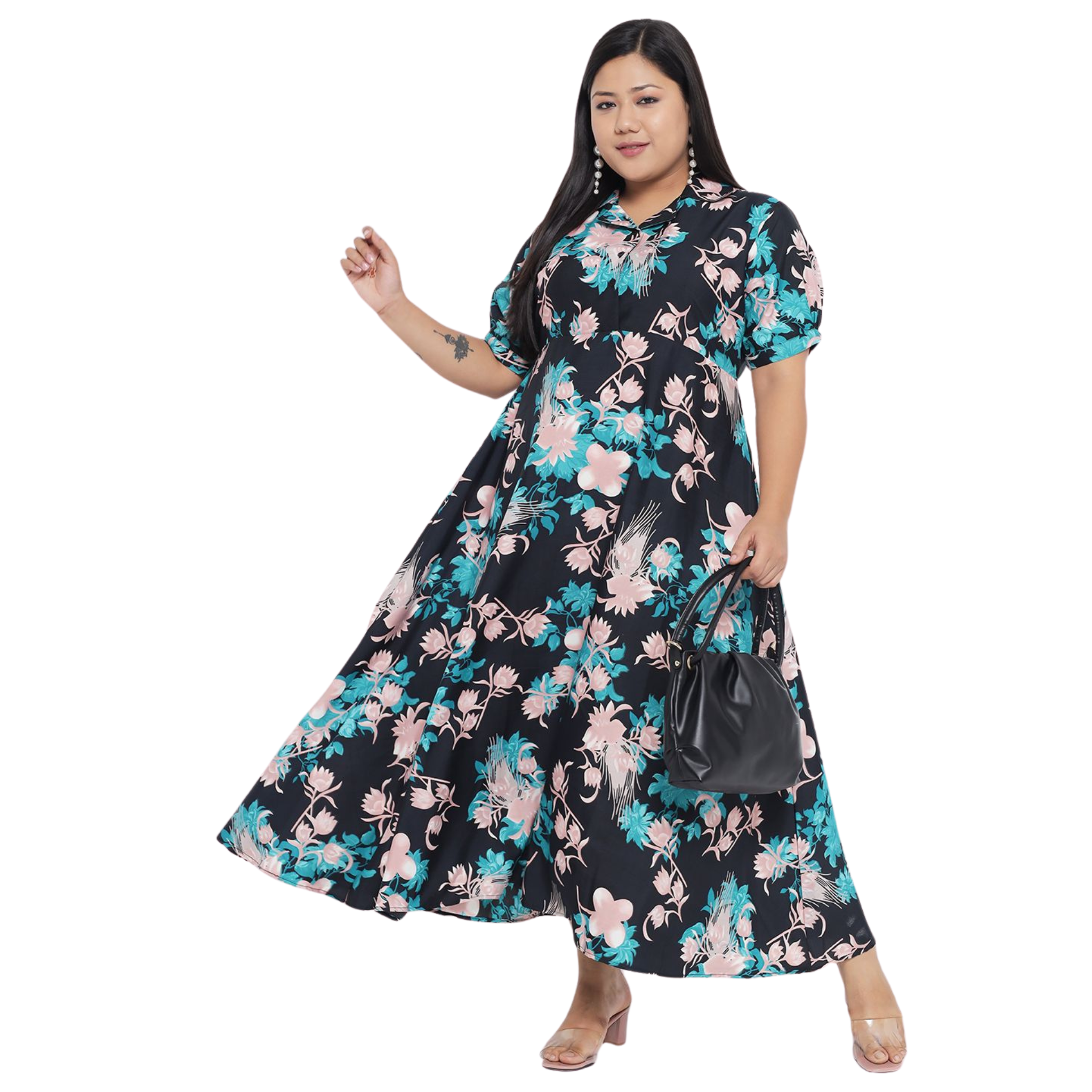 Black and Green Floral Plus Size Dress