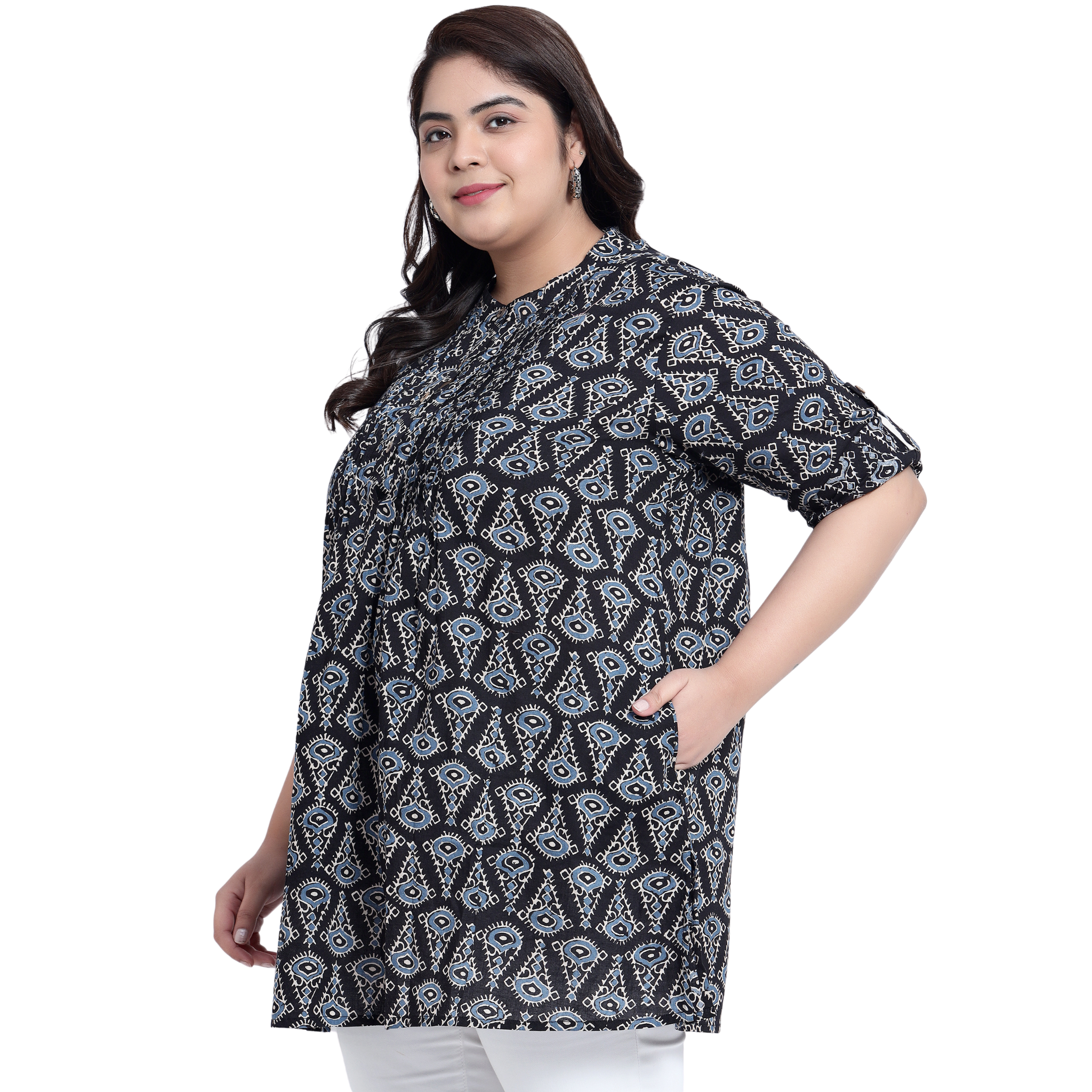 Black Geometric Print Pleat Plus Size Tunic