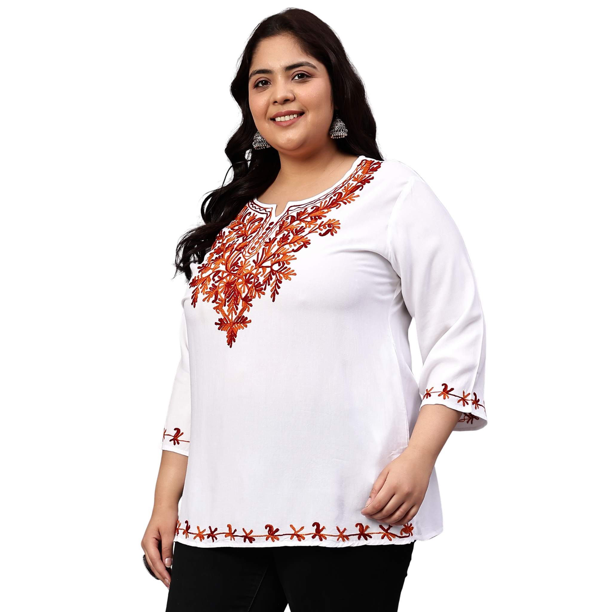 White And Red Embroidered Plus Size Tunic