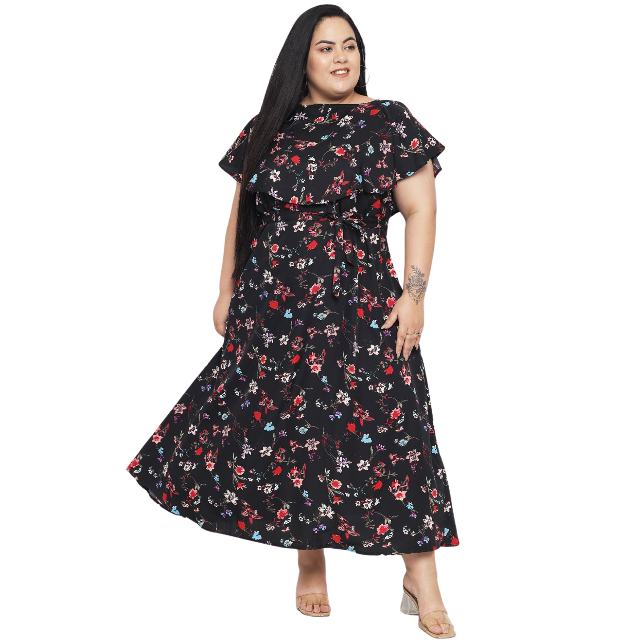Black Floral Print Plus Size Dress