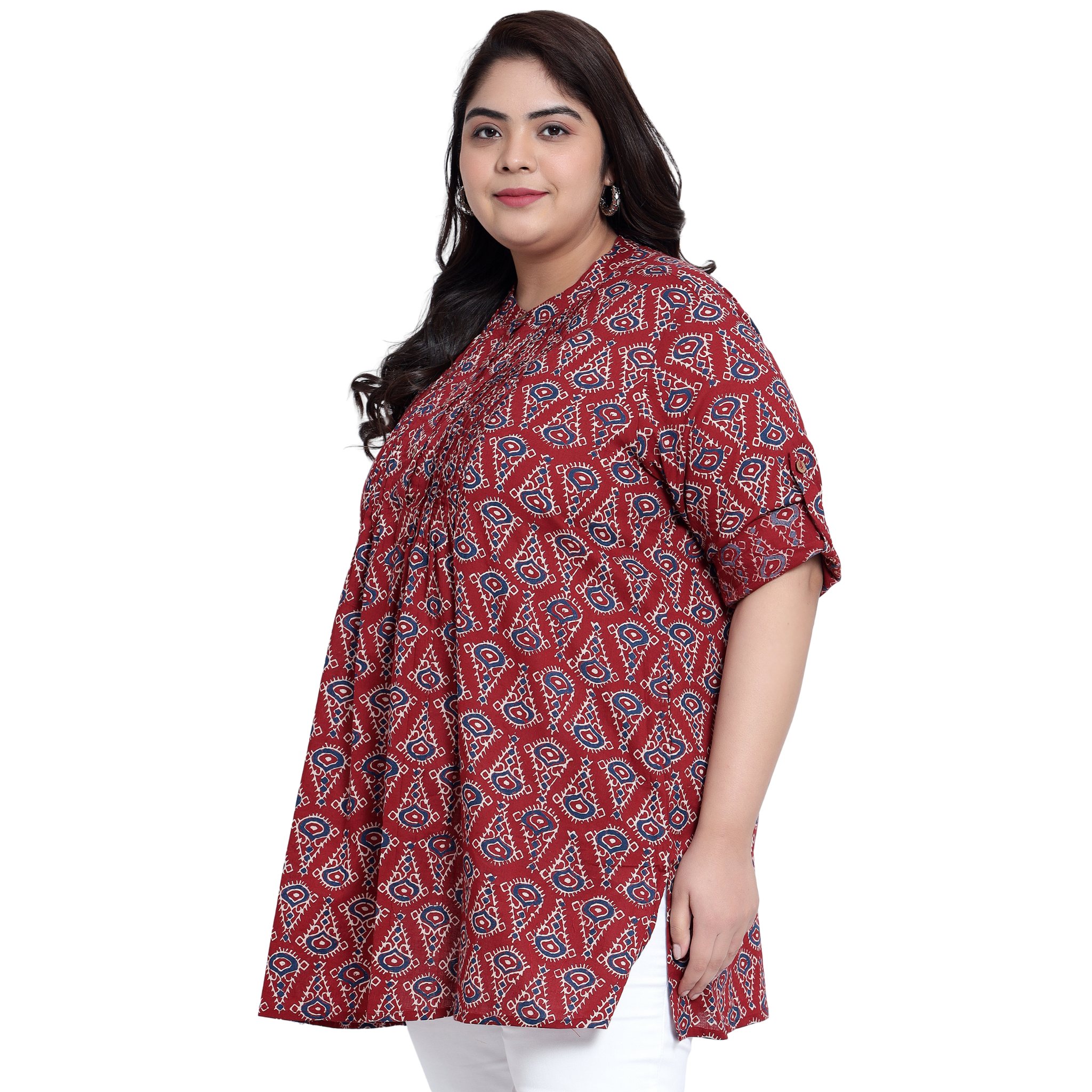 Red Geometric Print Pleat Plus Size Tunic