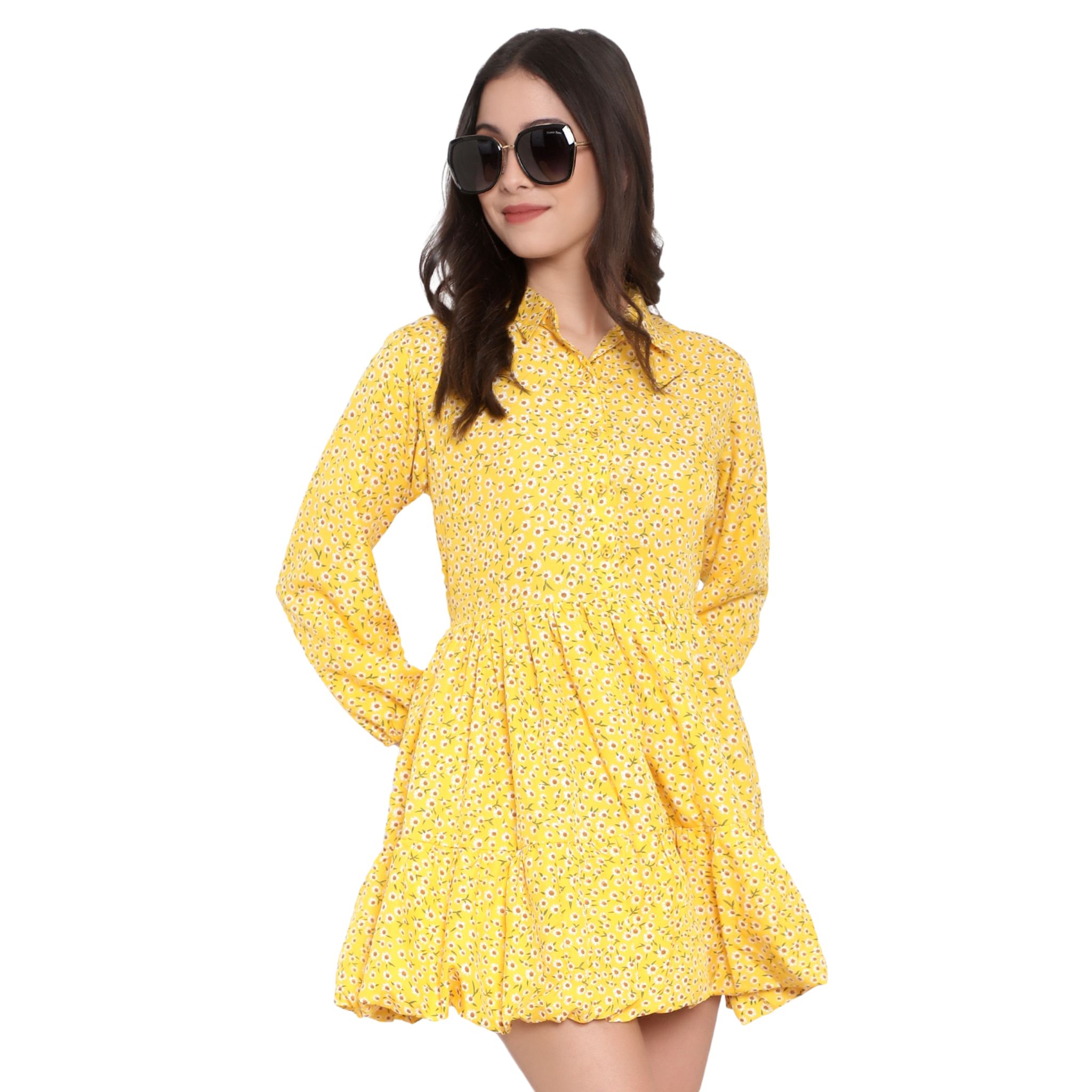 Yellow Floral Print Tiered Dress