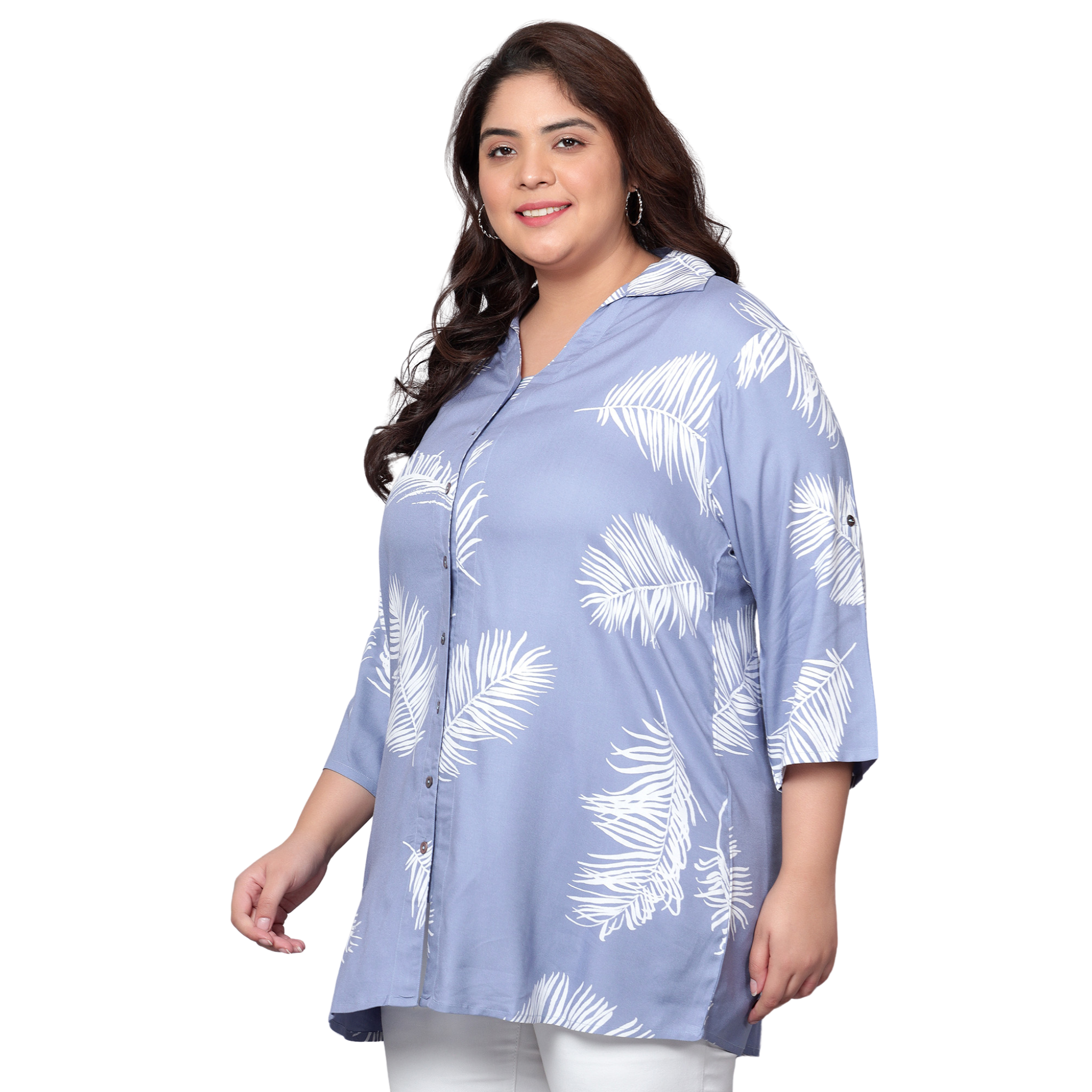 Blue Leaf Print Plus Size Shirt
