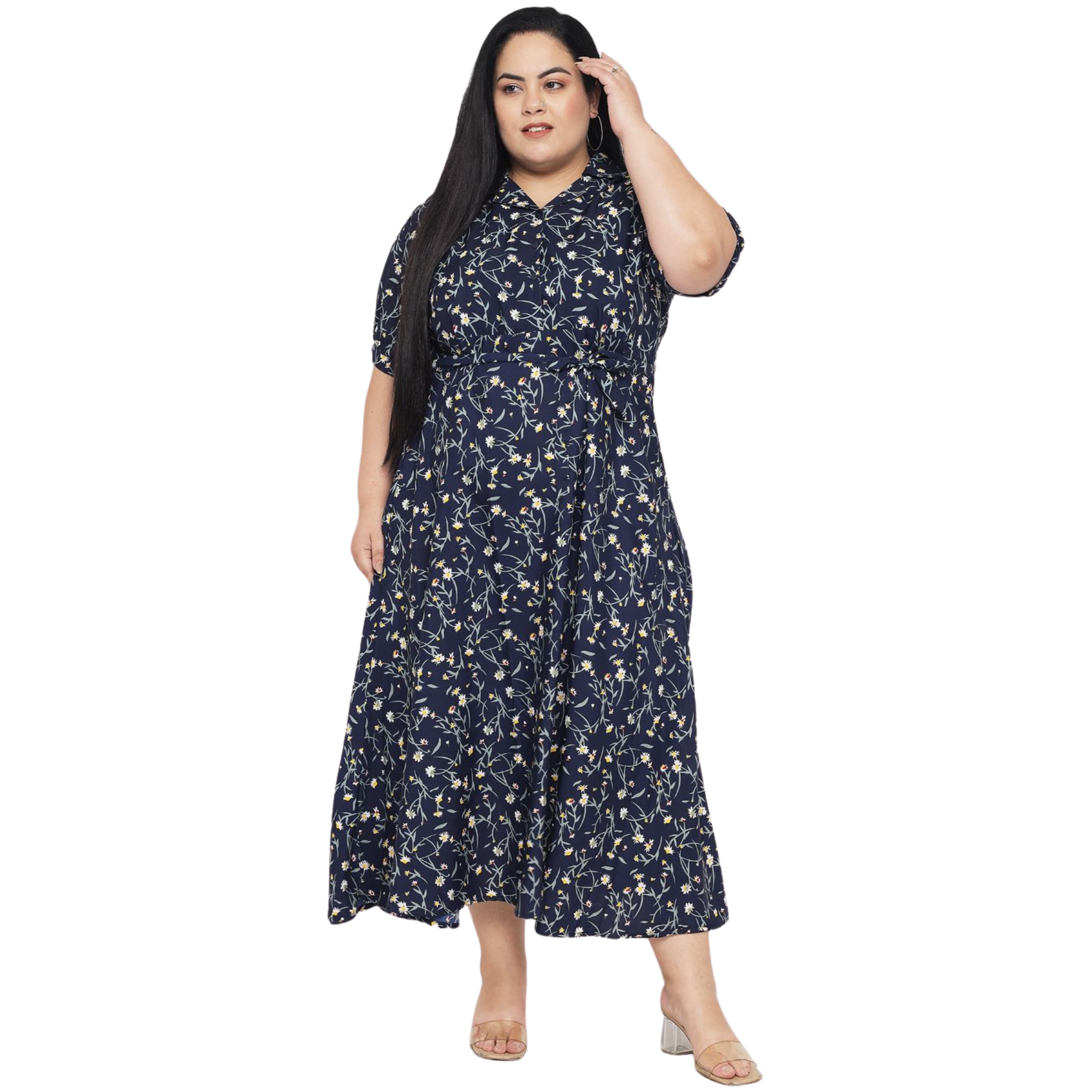 Blue Floral Fit And Flare Plus Size Dress