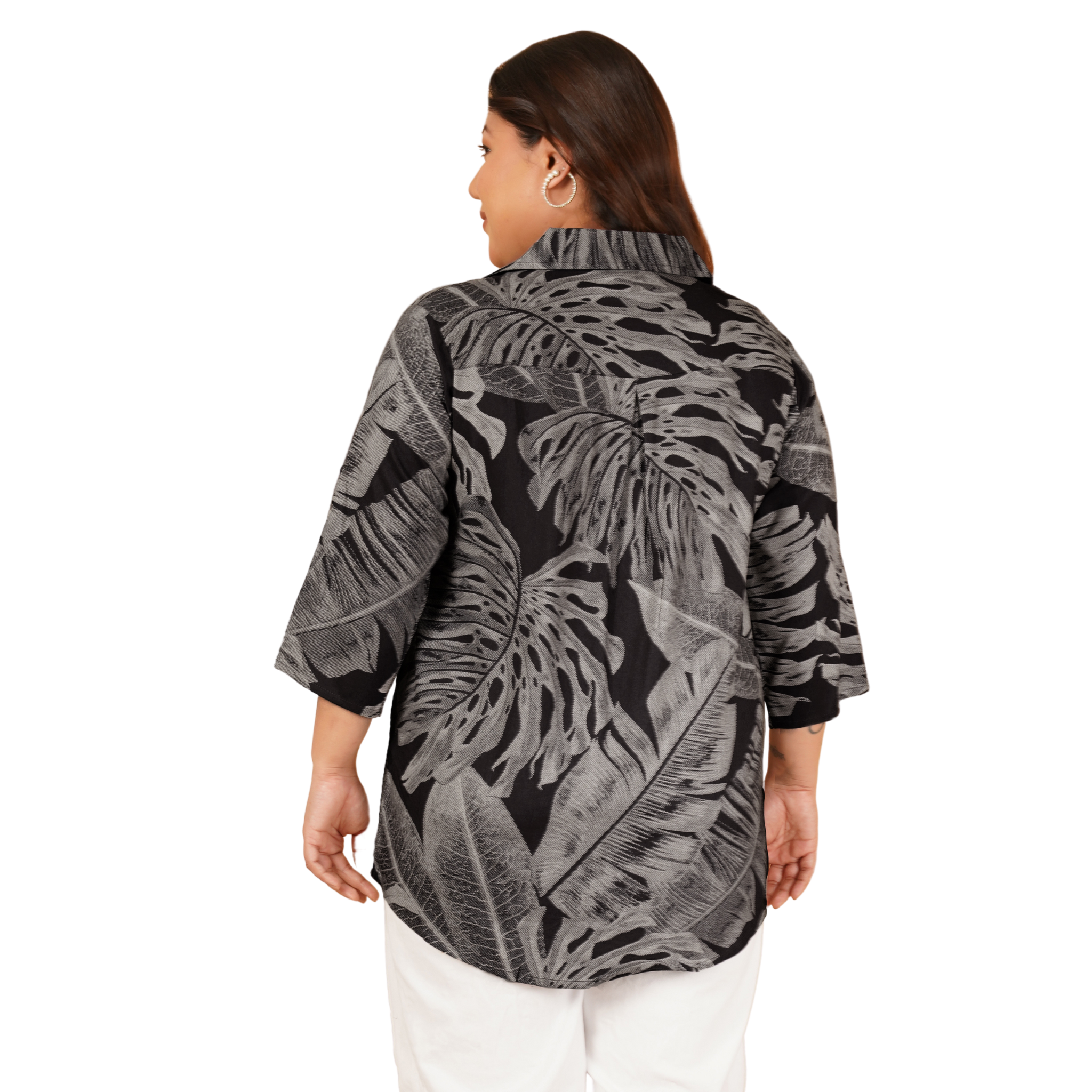 Black Leaf Print Plus Size Shirt