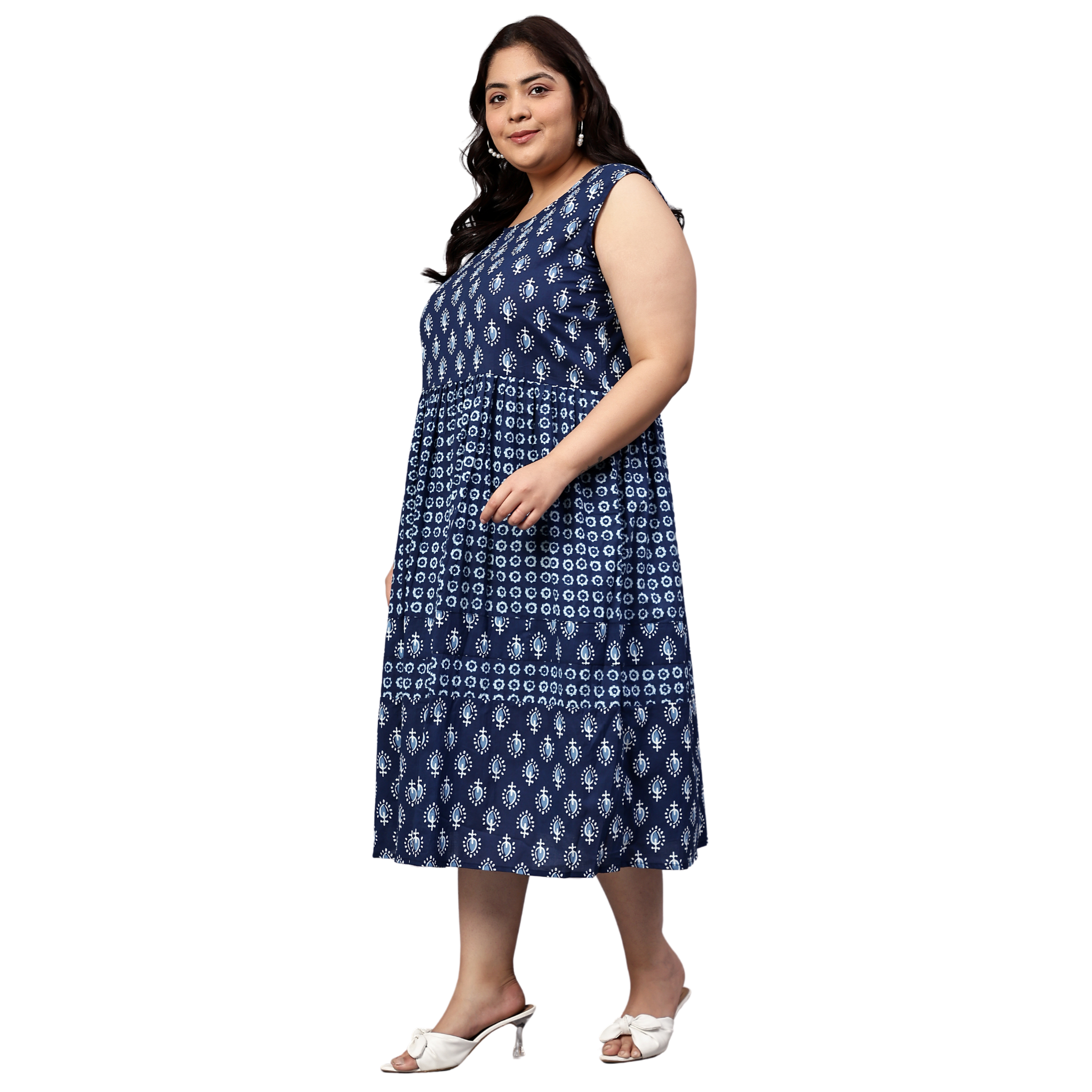 Blue Geometric Print Cotton Plus Size Dress