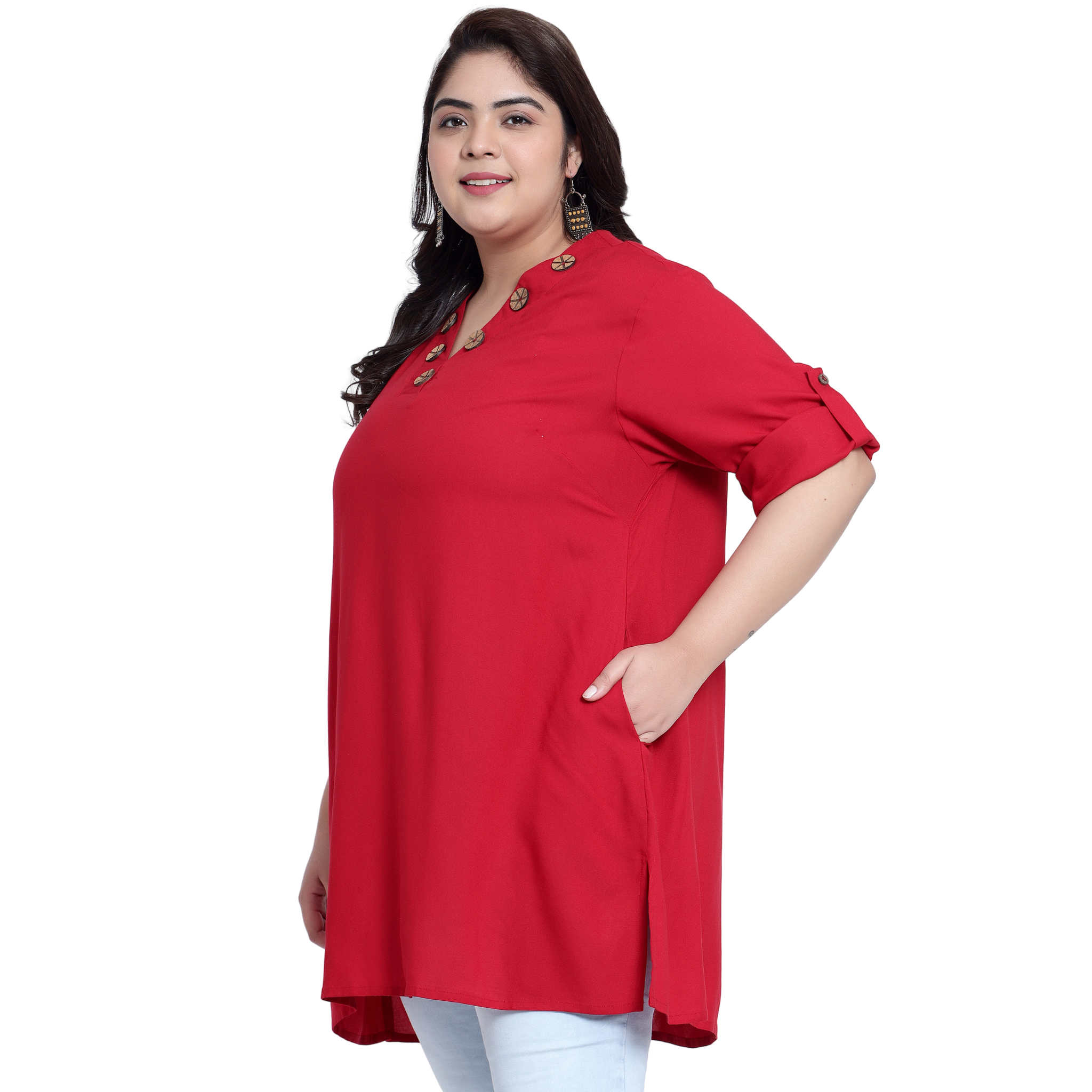 Maroon Collar Button Plus Size Tunic