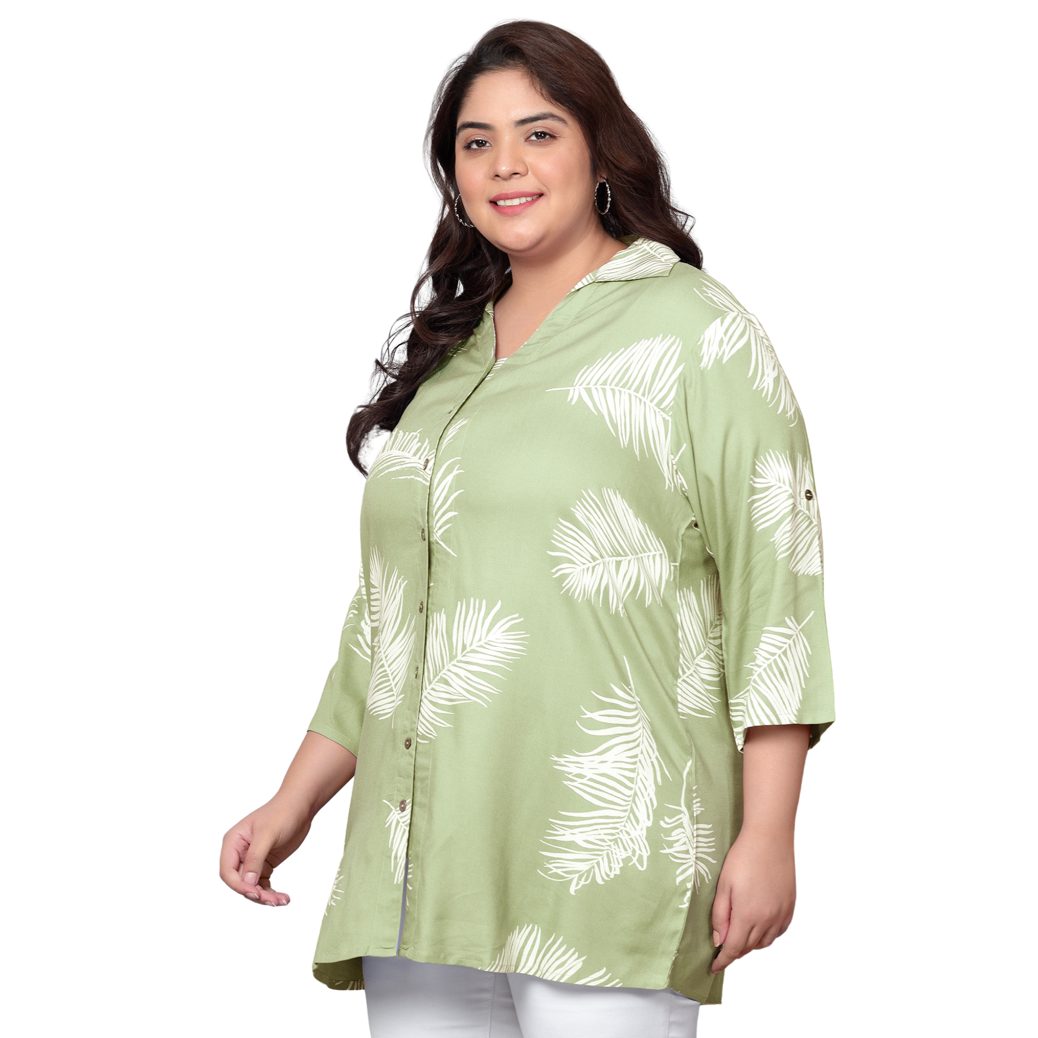 Green Leaf Print Plus Size Shirt