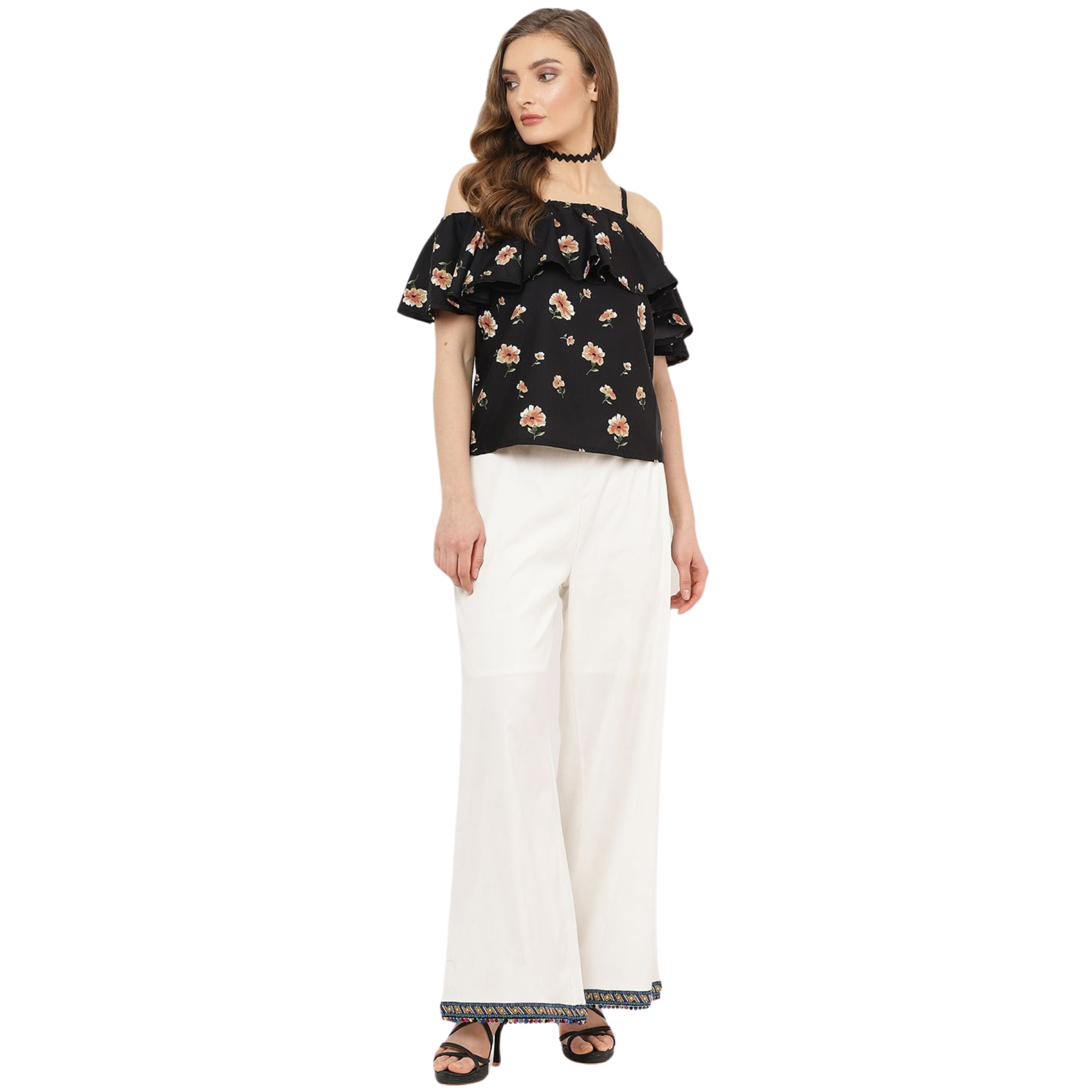 Black Floral Print Cold Shoulder Top