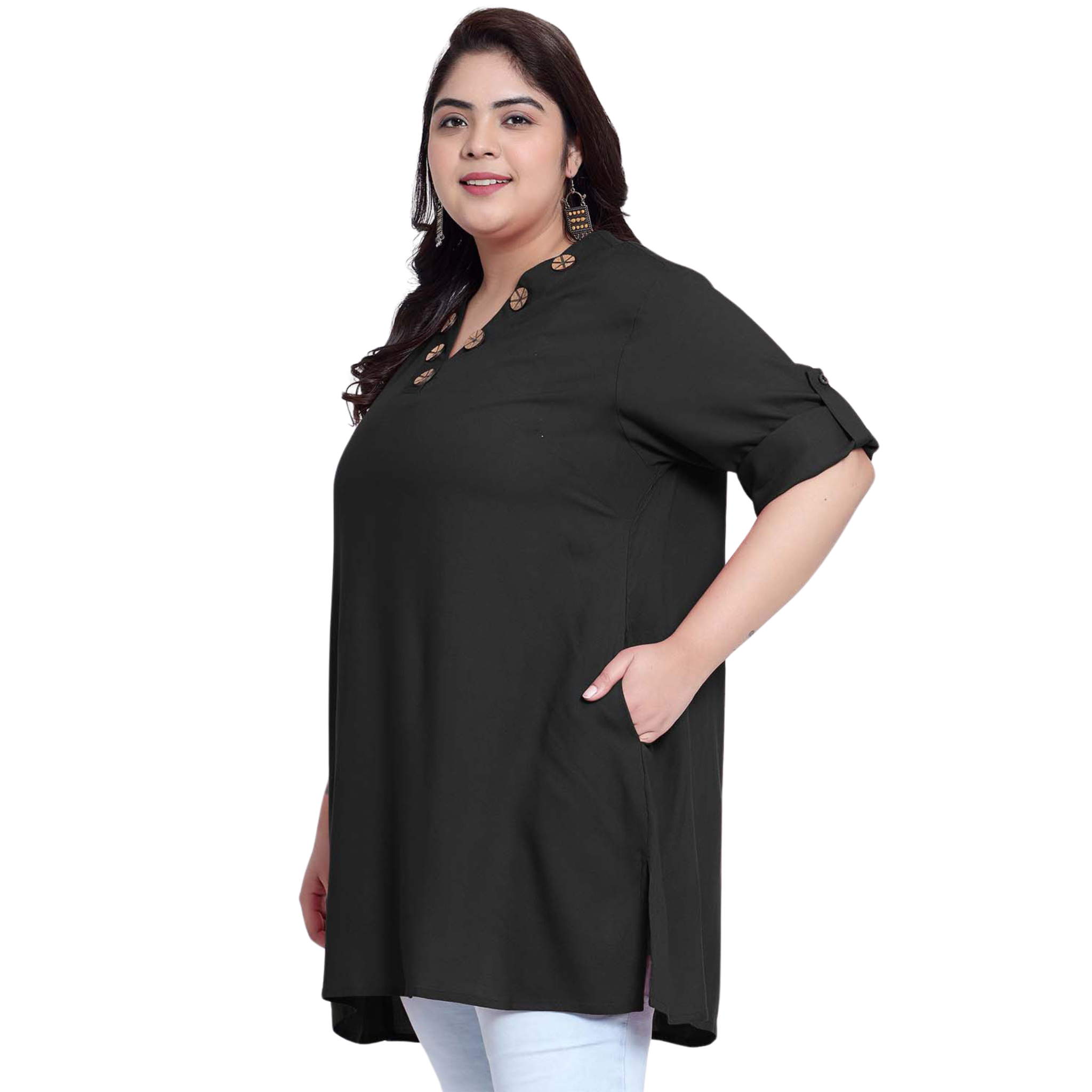 Black Collar Button Plus Size Tunic