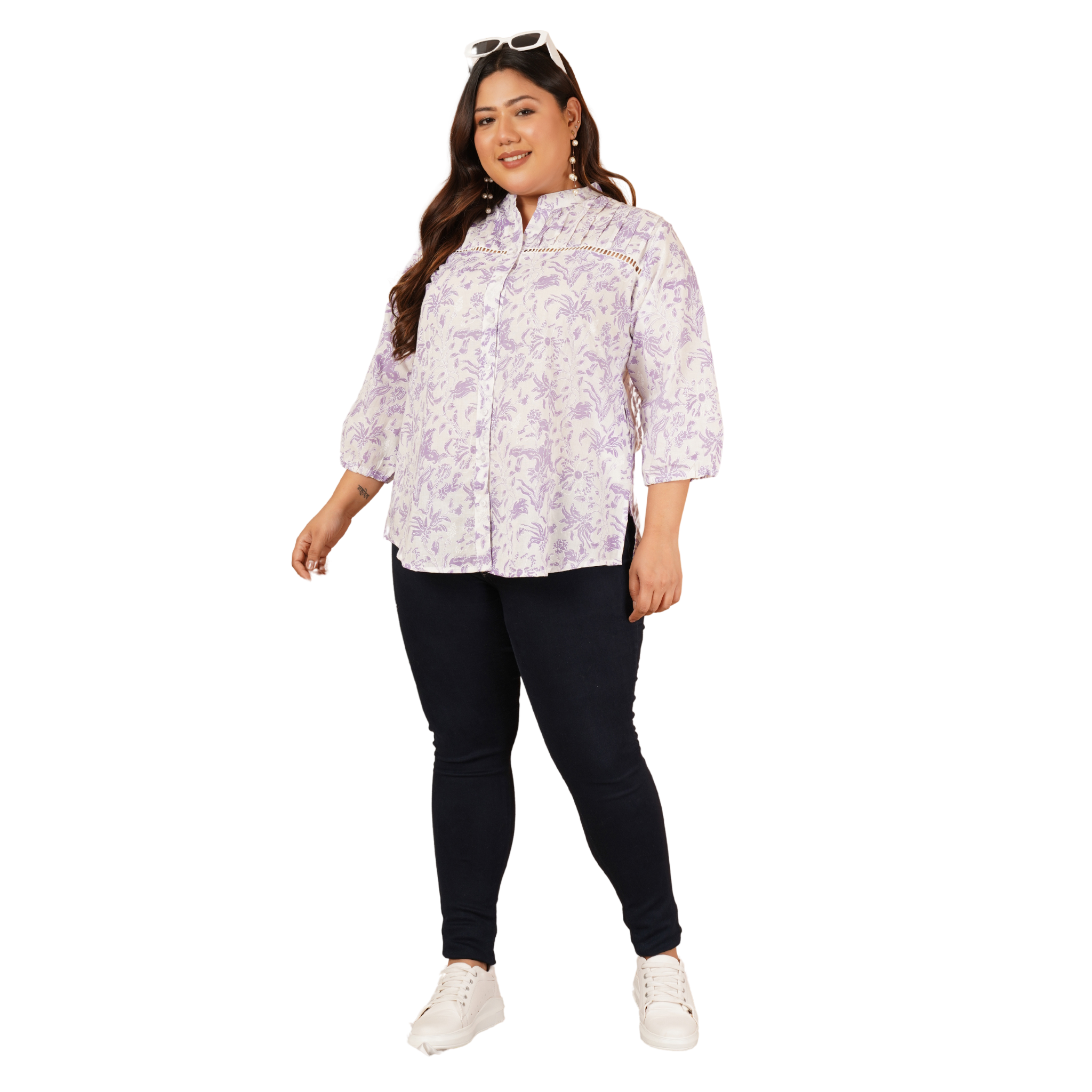 Purple Print Plus Size Lace Shirt