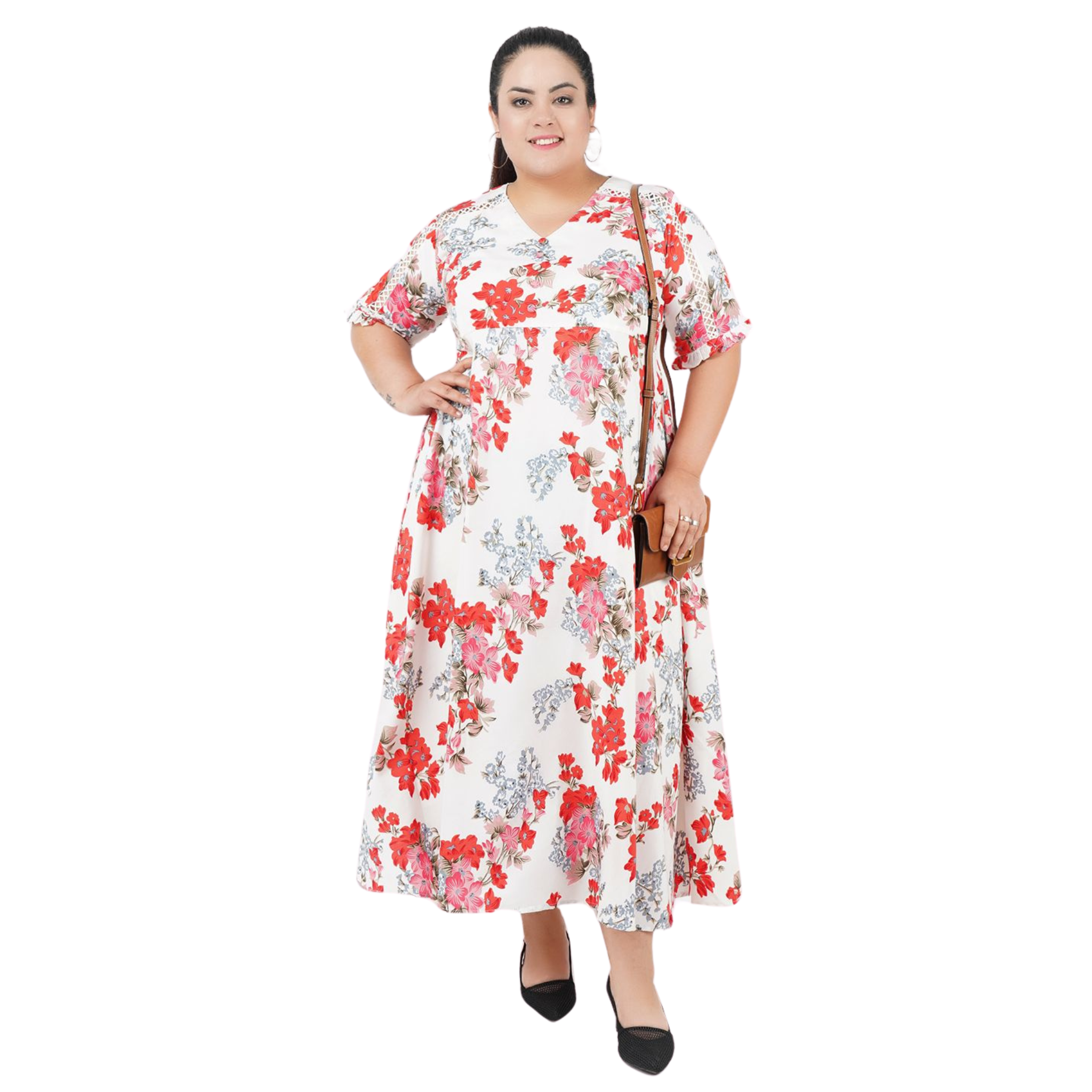 White and Red Floral Print Plus Size Dress