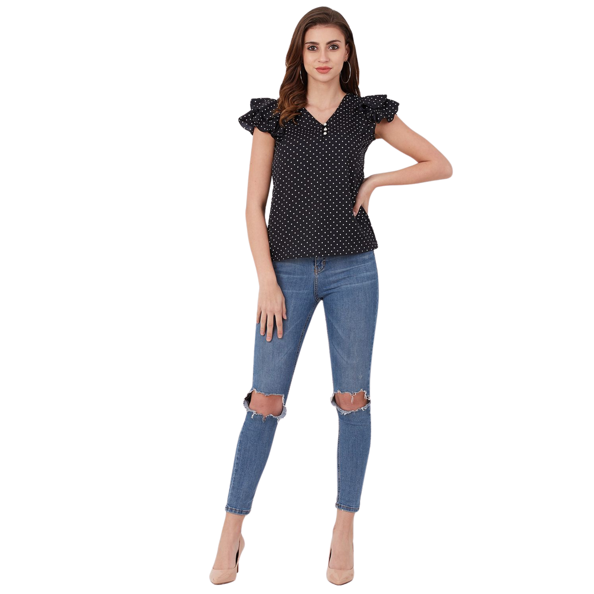 Black Polka Dot Buttoned Ruffle Top