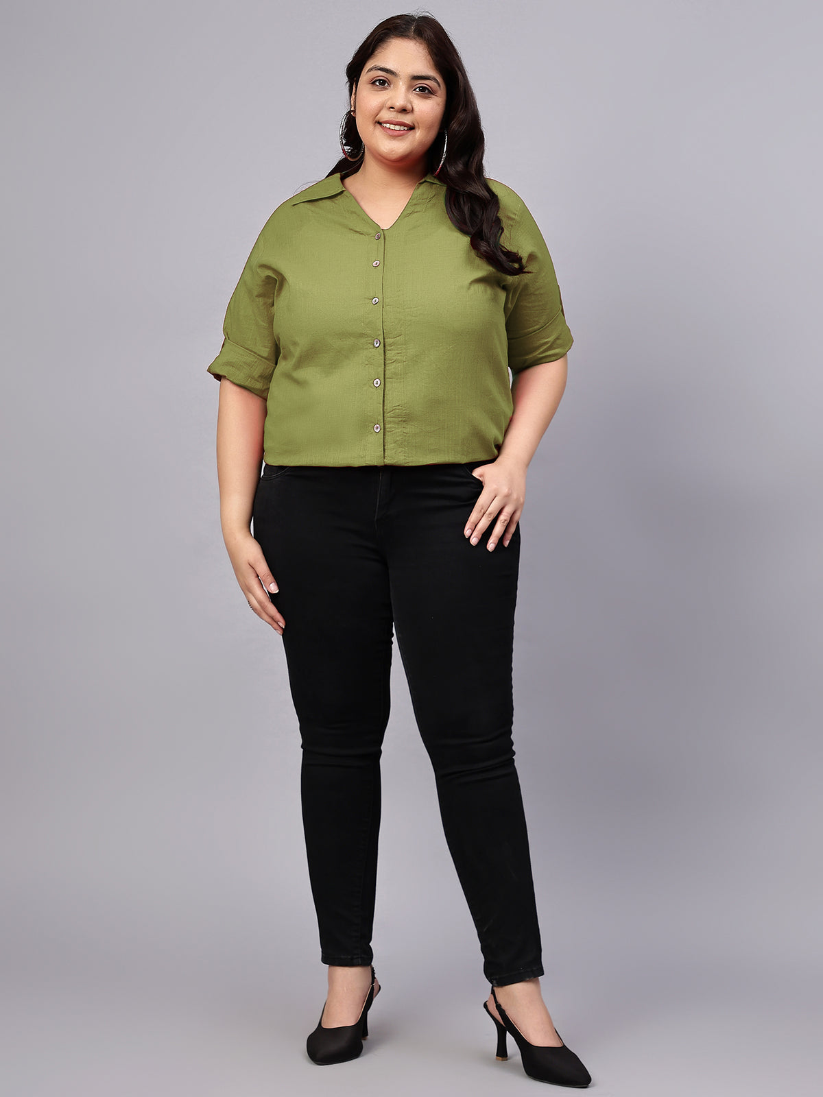 Green Cotton Longline Plus Size Shirt