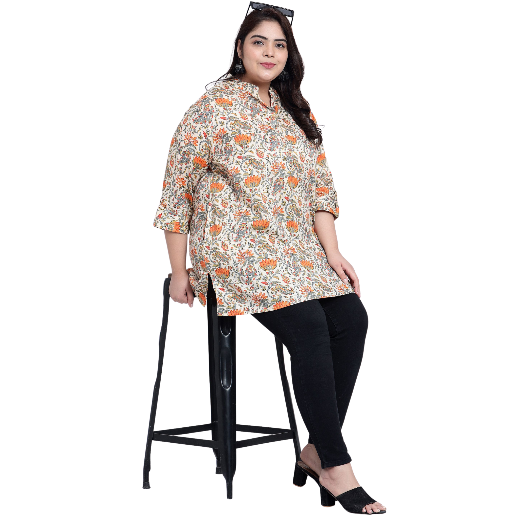 Orange and Beige Floral Print Plus Size Tunic
