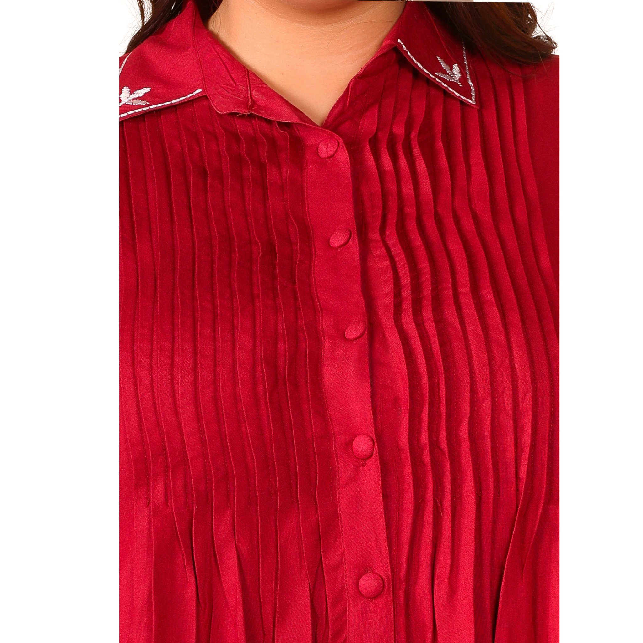 Red Rayon Collar Embroidered Tunic