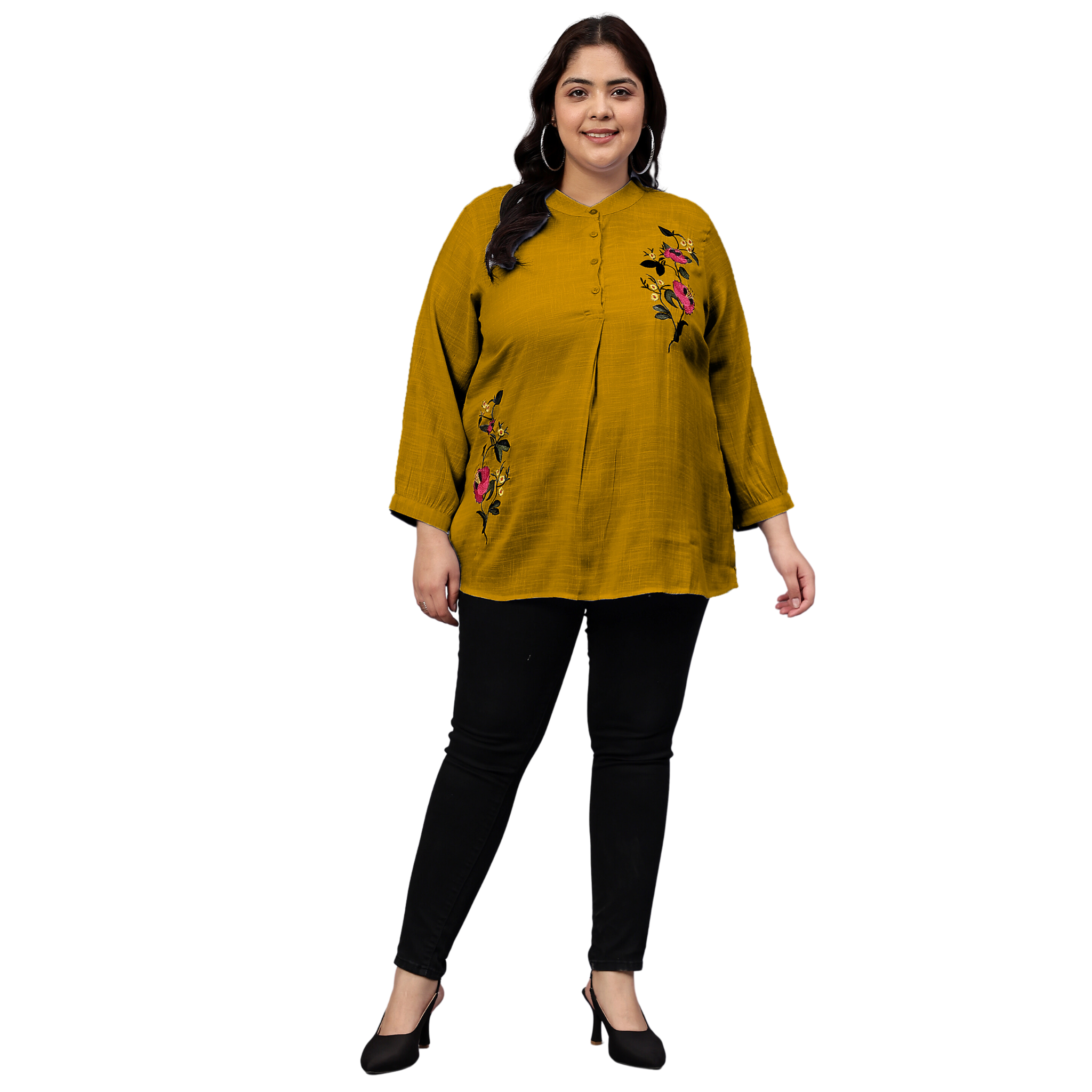 Mustard Floral Embroidered Plus Size Tunic