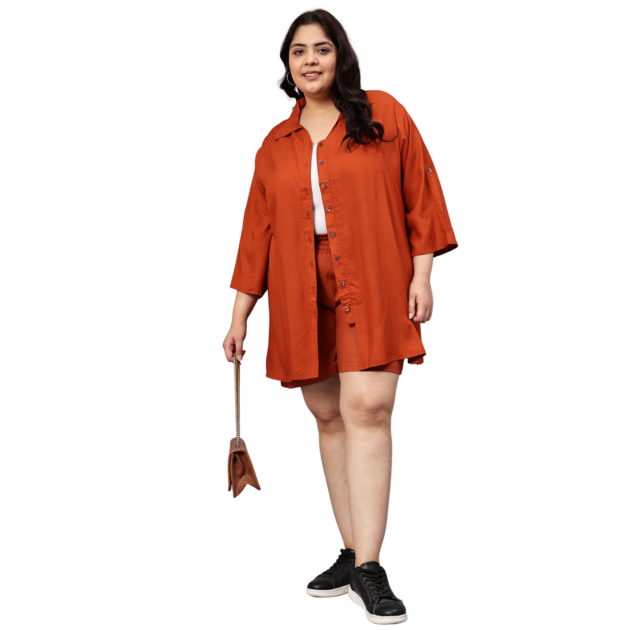 Rust Orange Solid Shirt And Short Set