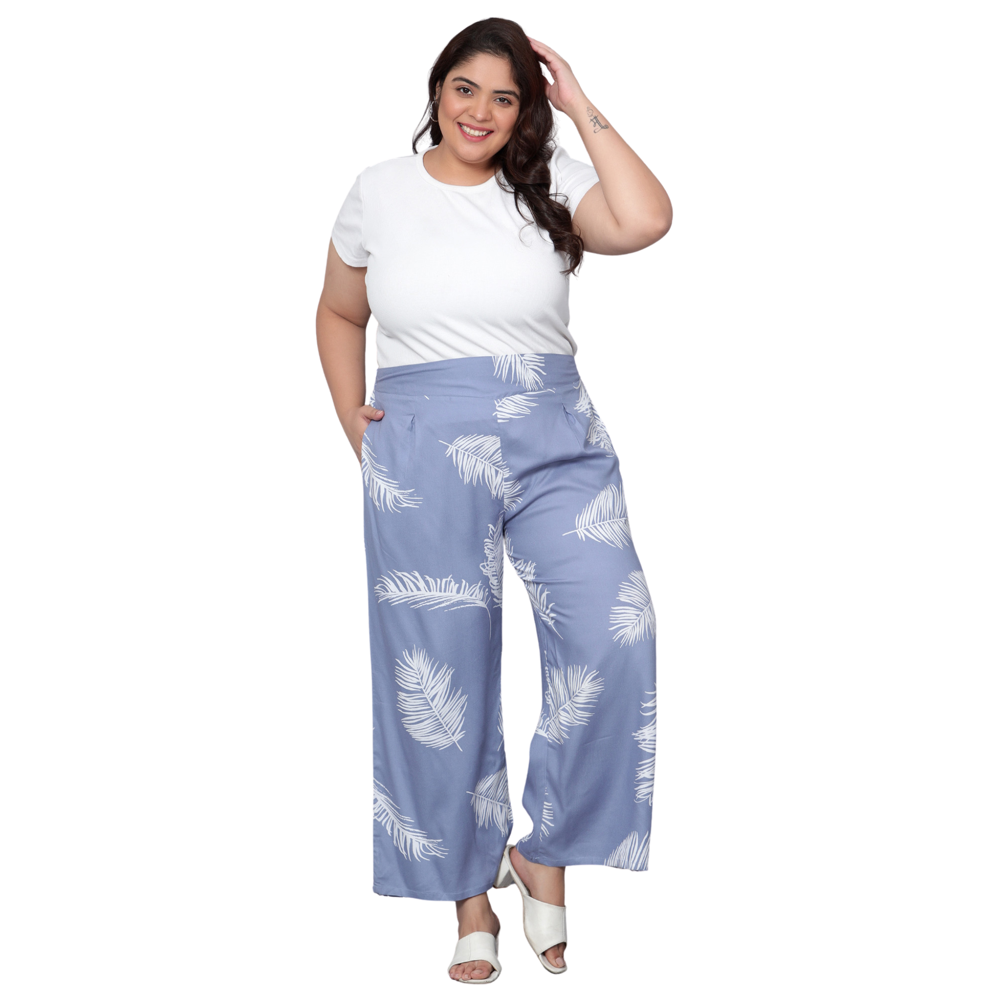 Blue Leaf Print Plus Size Trousers