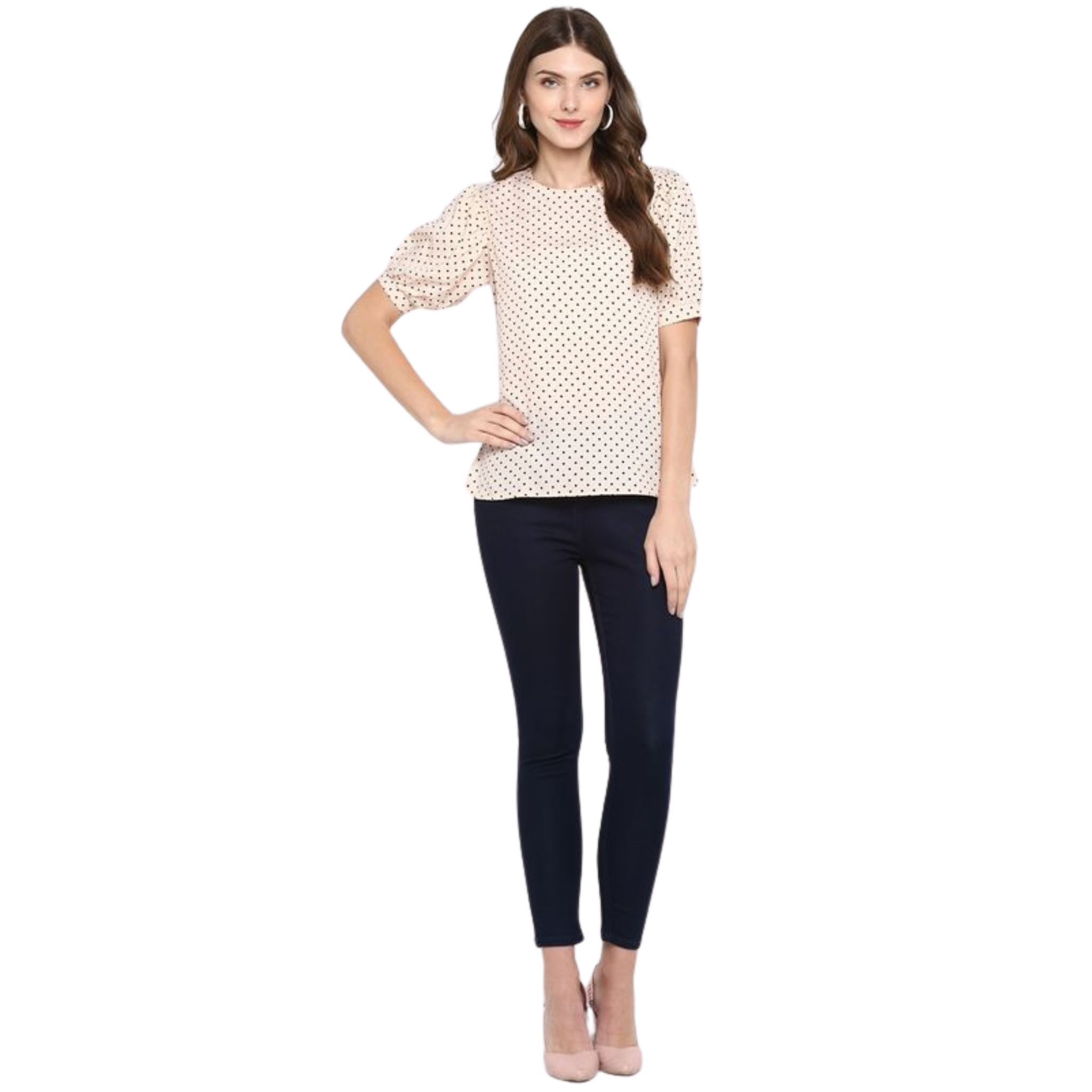 Peach Polka Dot Puff Sleeve Top