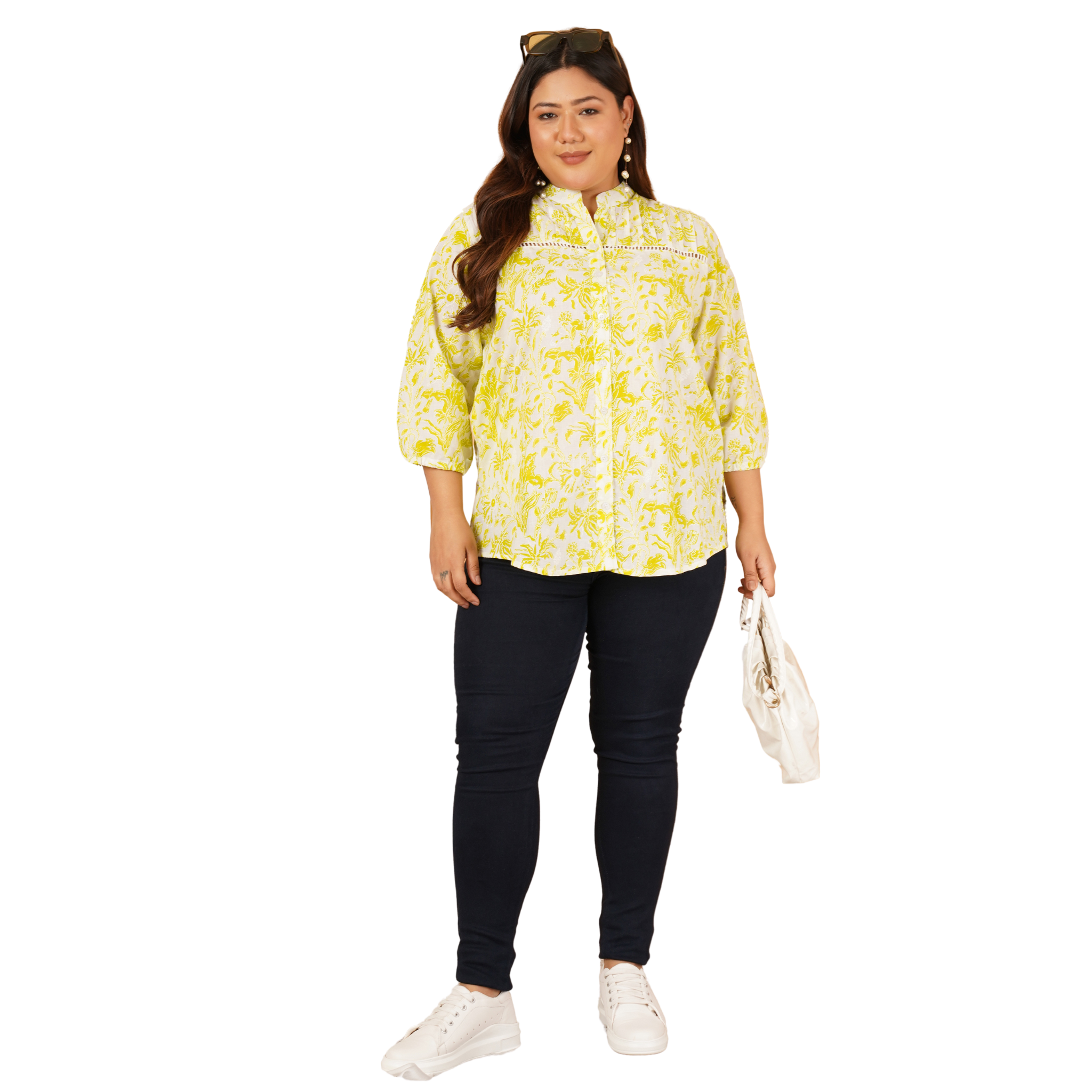 Yellow Print Plus Size Lace Shirt