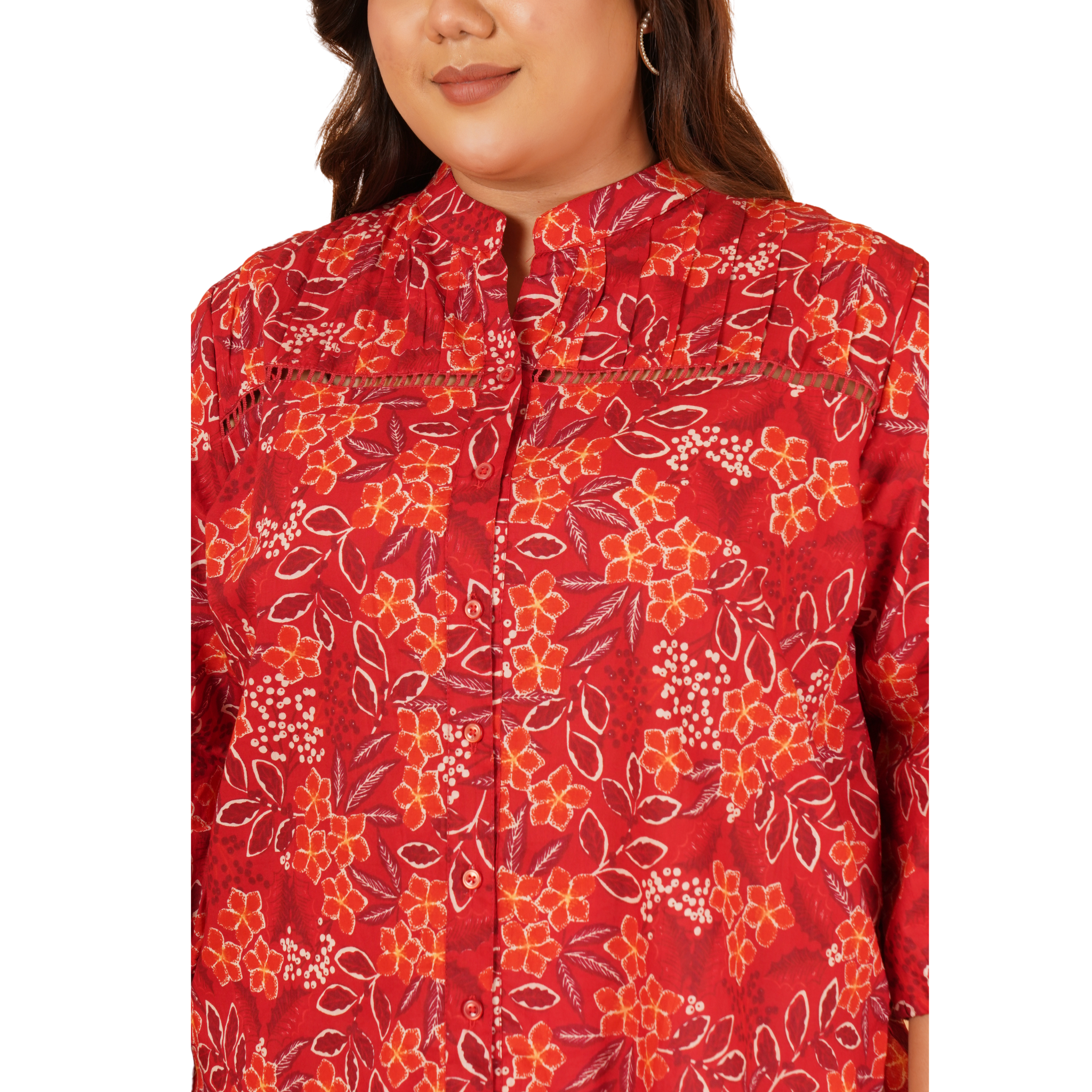 Red Floral Print Plus Size Lace Shirt