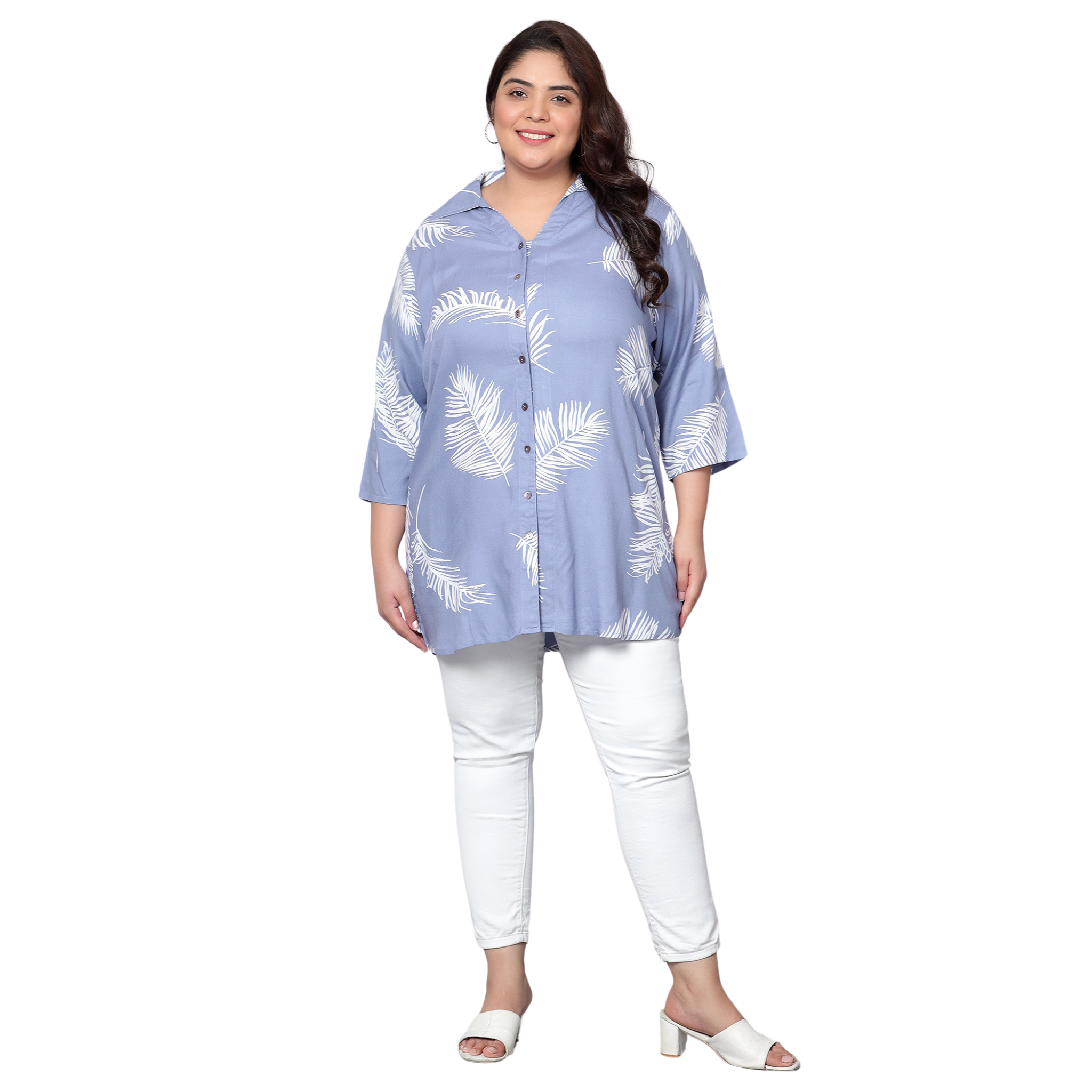 Blue Leaf Print Plus Size Shirt