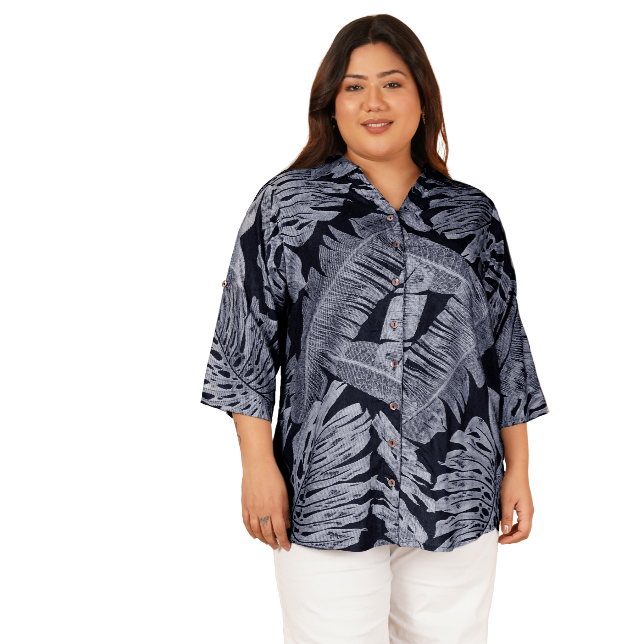 Dark Blue Leaf Print Plus Size Shirt