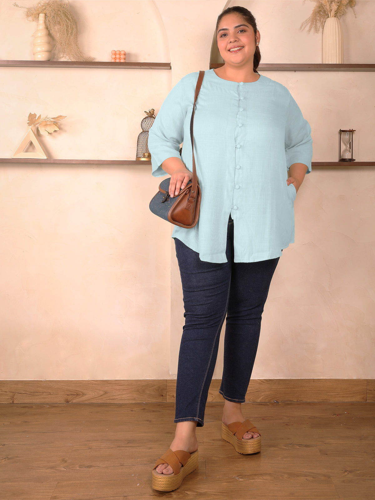 Blue Cotton Linen Plus Size Tunic