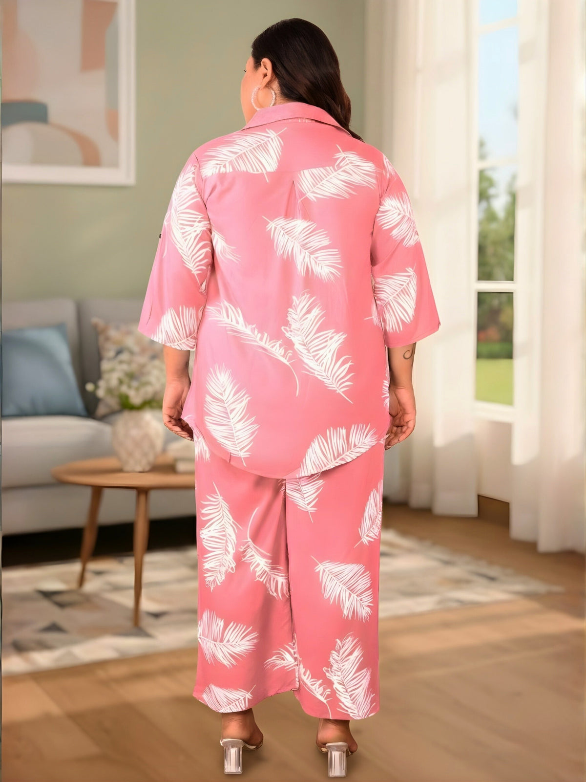 Pink Leaf Print Plus Size Co-Ord Set
